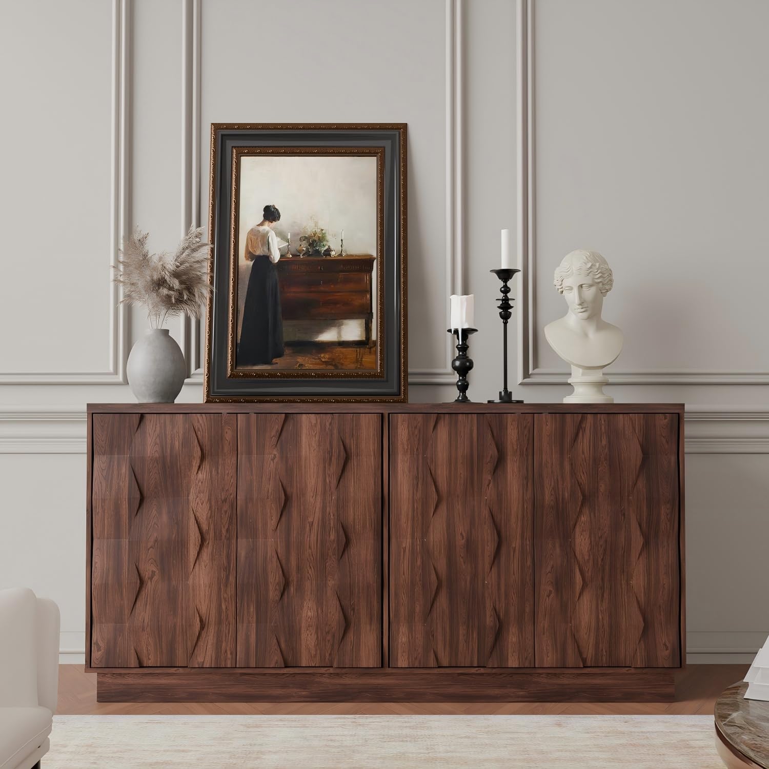 60" Walnut Sideboard Buffet Cabinet with Hexagon Textured Doors, Mid Century Modern 4-Door Credenza with Storage for Kitchen, Living Room, or Entryway (60" W × 30" H × 15.75" D)