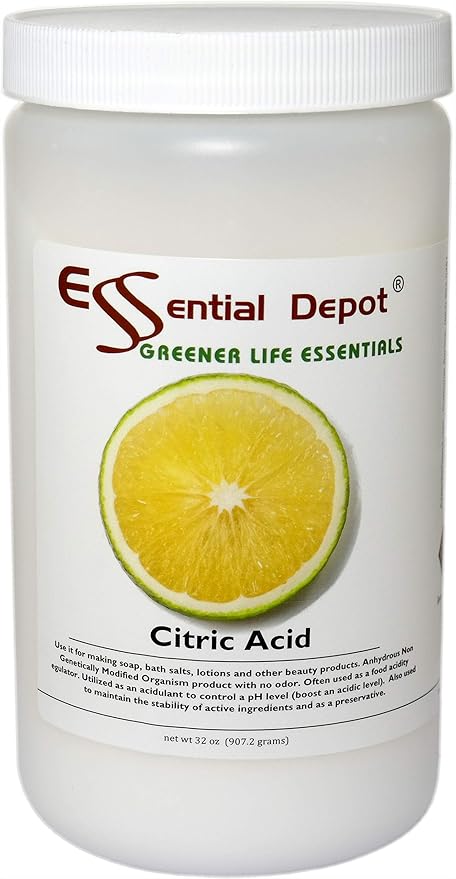 Essential Depot Citric Acid Powder - Anhydrous - 32 oz (2 lbs) in a Quart Container - Food Grade - Safety Sealed HDPE Wide Mouth Container with a Resealable Lid