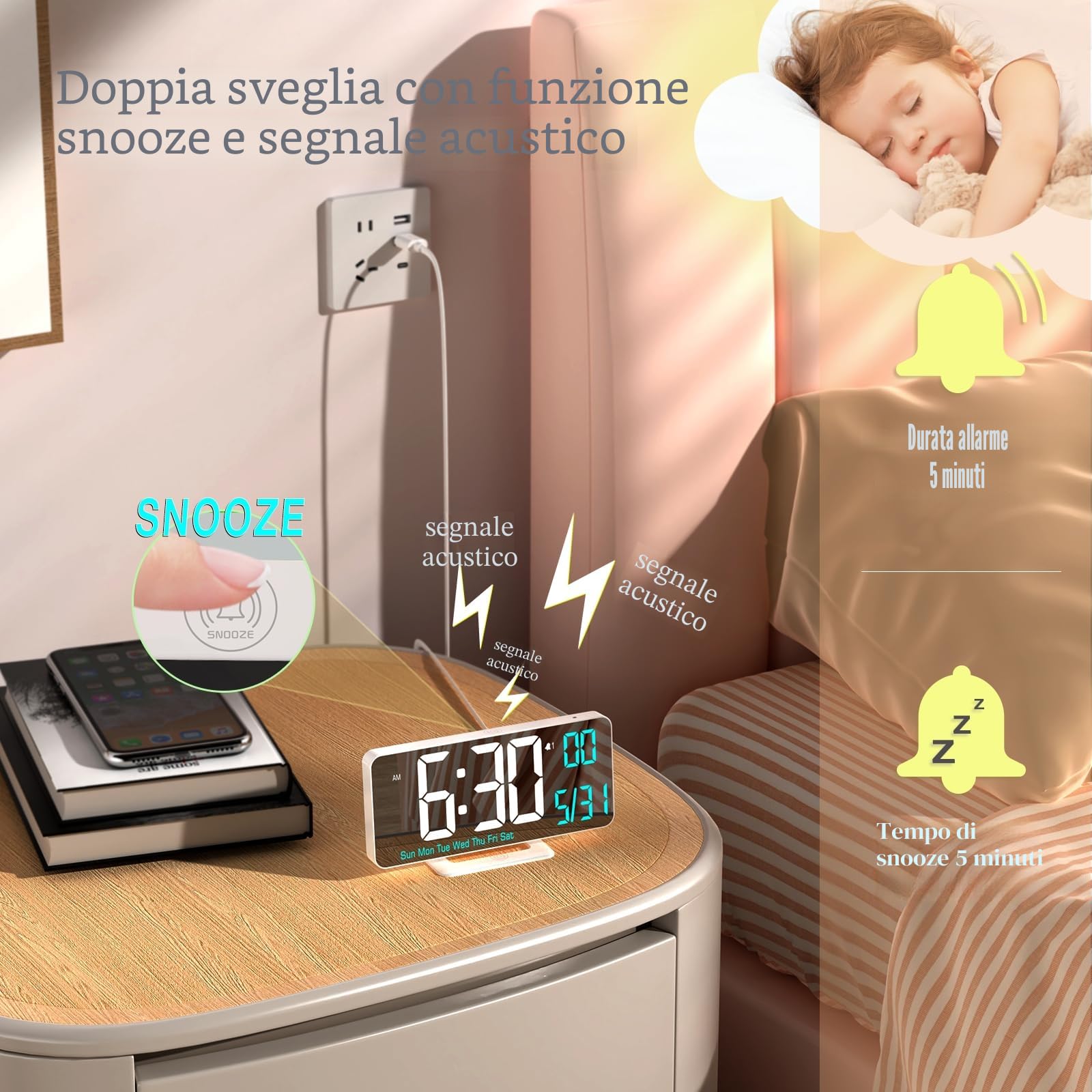 KOSUMOSU Orologio digitale LED per camera da letto, 6,7 pollici, sveglia bianca, sveglia digitale, funzione dimmer, 12/24 ore, data, giorno della settimana, temperatura, orologio da tavolo, orologio