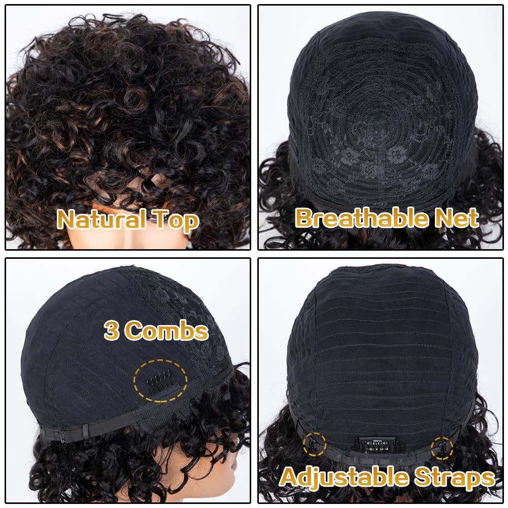 Joedir HAIR Curly Wig with Bangs Human Hair for Black Women Short Curly Bangs Wigs Black mixed Brown Highlight Curly Bob Glueless Wig 150% Density (Color: F1B/30)