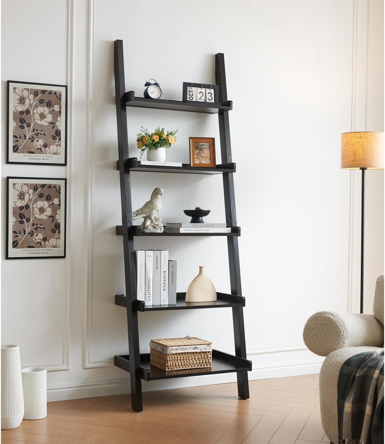 Bookcase Ladder Five Shelf Popular Modern Design Multi-Depth Shelves with Rounded Shelf Barrier Corners Particle Board+MDF Floating Design Living Room Wall Modern Decor
