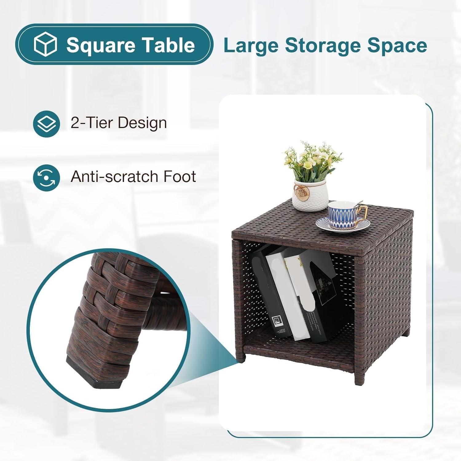 5 Pcs Patio Conversation Set with Cushions Wicker Chair Ottoman Storage Table Balcony Outdoor Furniture Sets for Backyard Porch Poolside Garden(Gray)