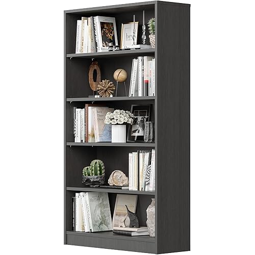 Wood Bookcase 5-Shelf Freestanding Display Wooden Bookshelf for Home Office School (11.6" D*33" W*59.8" H,Grey)