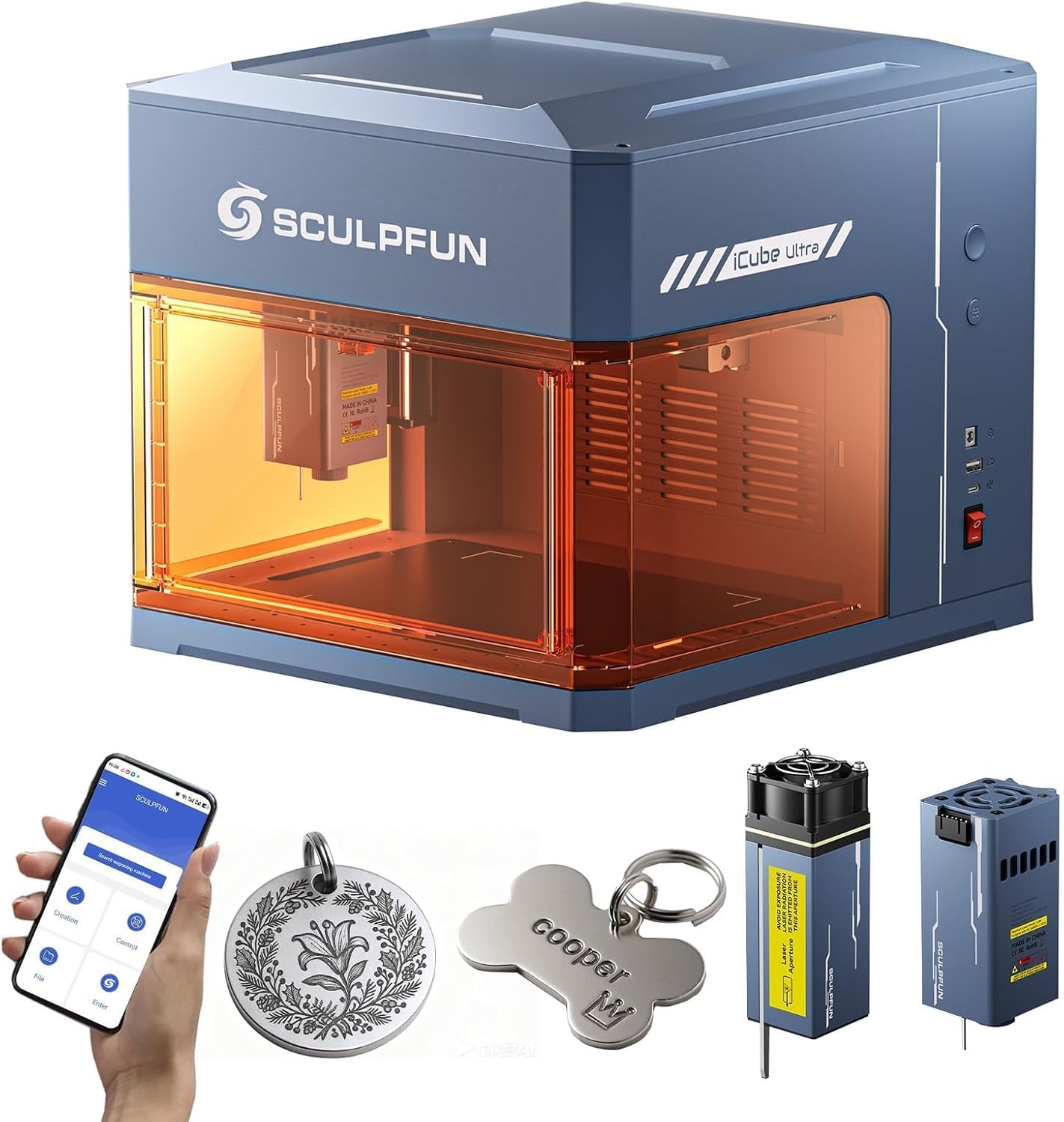 SCULPFUN iCube Ultra Dual Laser Graviermaschine, 12W Diode & 1.2W Infrarotmodul, Geschlossener Laser Gravierer für Holz, Leder & Metall, Hochgeschwindigkeitsgravur mit Schneidfähigkeit, 150 x 135 mm
