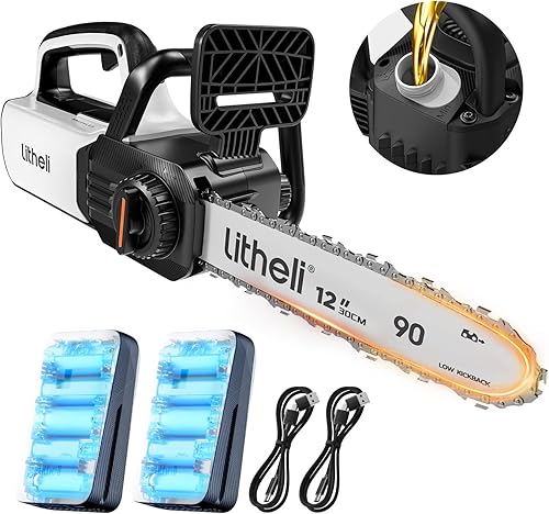 Litheli Motosierra eléctrica sin escobillas de 12 pulgadas, motosierra con 2 baterías de 20 V MAX 2.0 Ah, motosierra inalámbrica de mano con