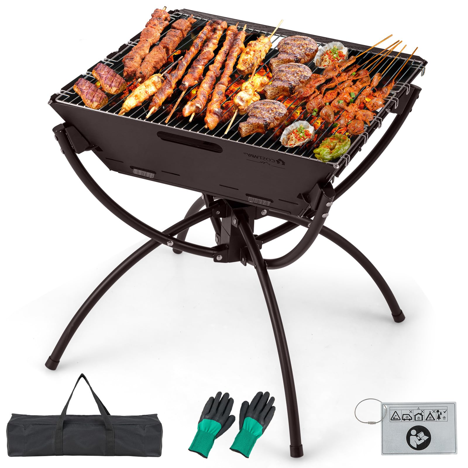 COSTWAY Camping Fire Pit, Portable Campfire Grill with Cooking Grills, Carrying Bag and Gloves, 3-In-1 Stainless Steel Wood Burning Firepit Grill for Outdoor Cooking Picnics Bonfire (Coffee)