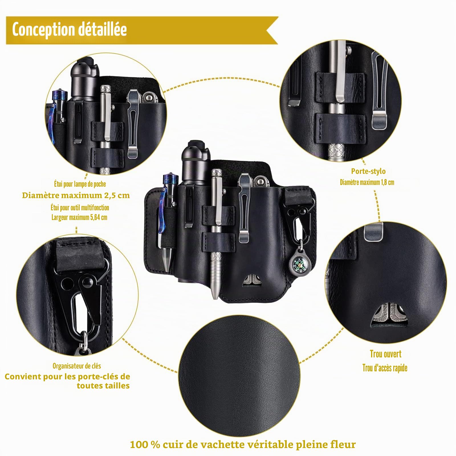 VIPERADE PJ35 EDC Gaine en Cuir Gaine Multi-Outils avec 3 Poches, étui à Outils Gaine de Ceinture de Couteau Gaine de Lampe de Poche pour multioutils/Gaine de Couteau pour Leatherman-Noir