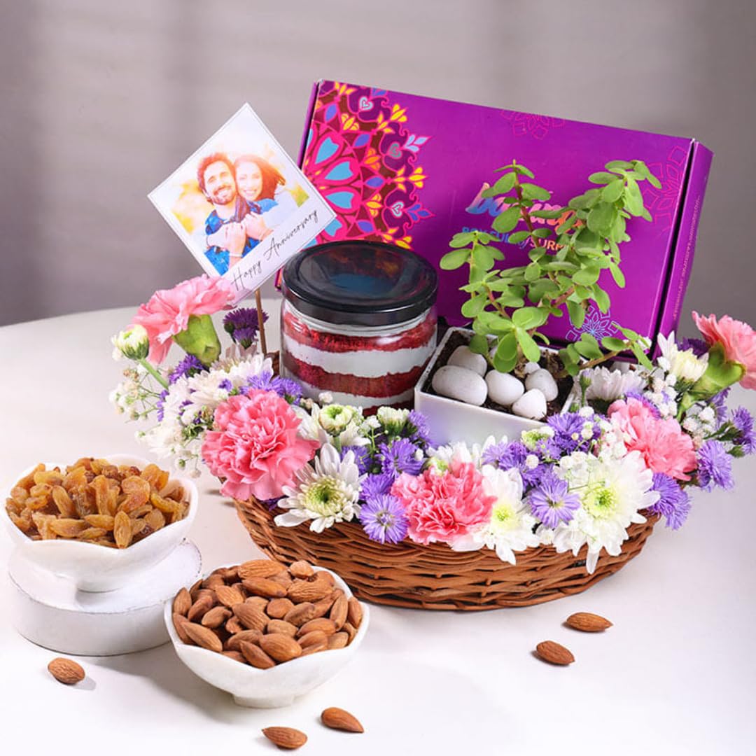 FlowerAura Gift Combo with Almonds & Raisins, Jar Cake, Jade Plant, Personalised Polaroid Photo, Carnations & Daisies in Basket Anniversary, Love,Him & Her (Same Day Delivery)-image-10