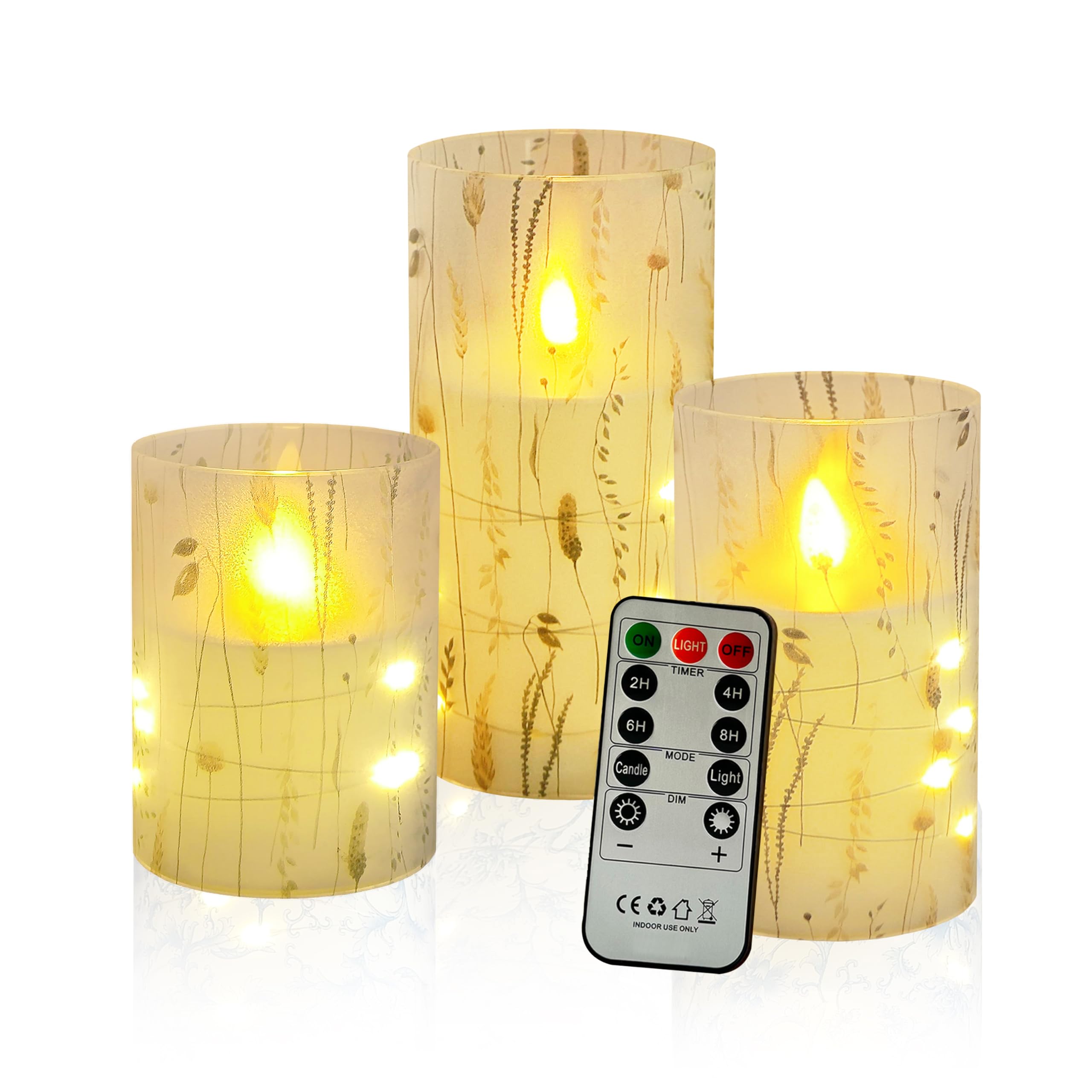 Flickering Flameless Candles Leaf Print, Embedded Star String Lights, Battery Operated Acrylic LED Pillar Candles with 11-Key Remote and Timer for