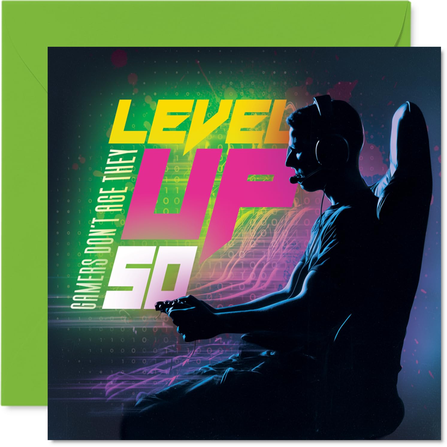 Playful 50th Birthday Card - Level Up to 50 - Bold Gamer Silhouette with Vibrant Green, Pink and Blue Vibes - 145mm Square, Envelope Included