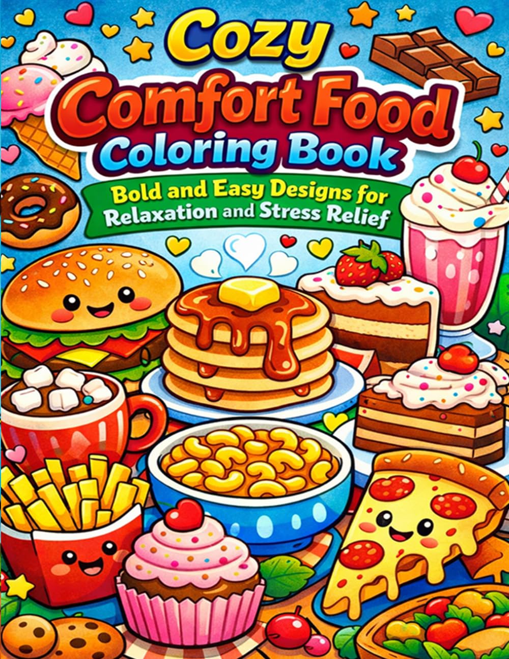 Cozy Comfort Food Coloring Book: Bold and Easy Designs for Relaxation and Stress Relief: Cute and Simple Food Pages for Adults and Teens to Relax Unwind and Enjoy Coloring Fun