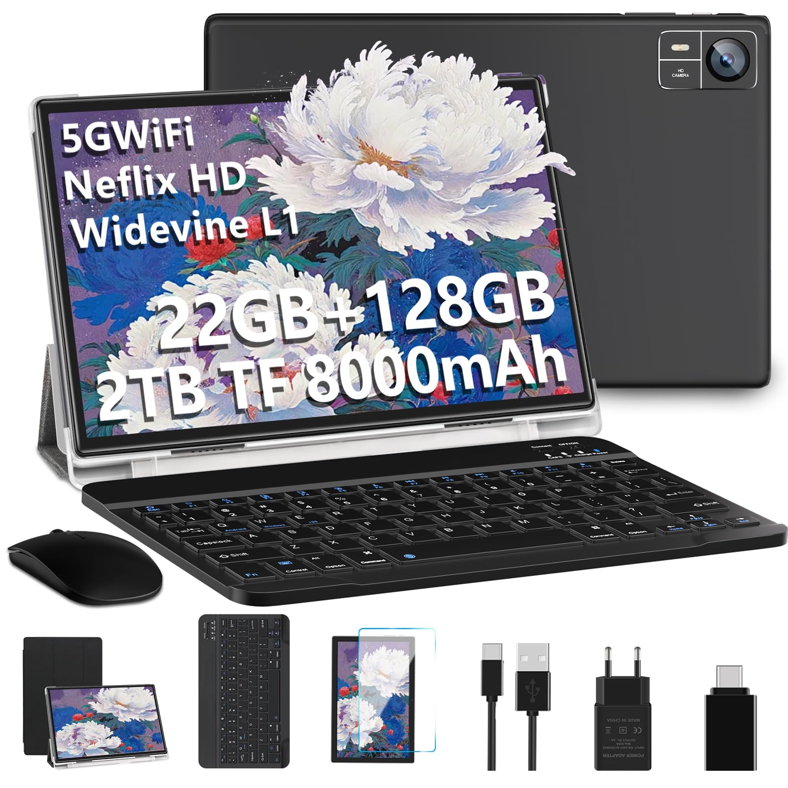 SUAAT 2026 Tablet Android 22 GB RAM + 128 GB ROM (2 TB TF), tablets 10 pollici, 8000mAh, Octa-Core, 2,0 GHz, WiFi 5G + 2,4G, GPS, 8 MP + 5 MP, Bluetooth 5.0, Cast,tastiera e mouse, Nero Intenso