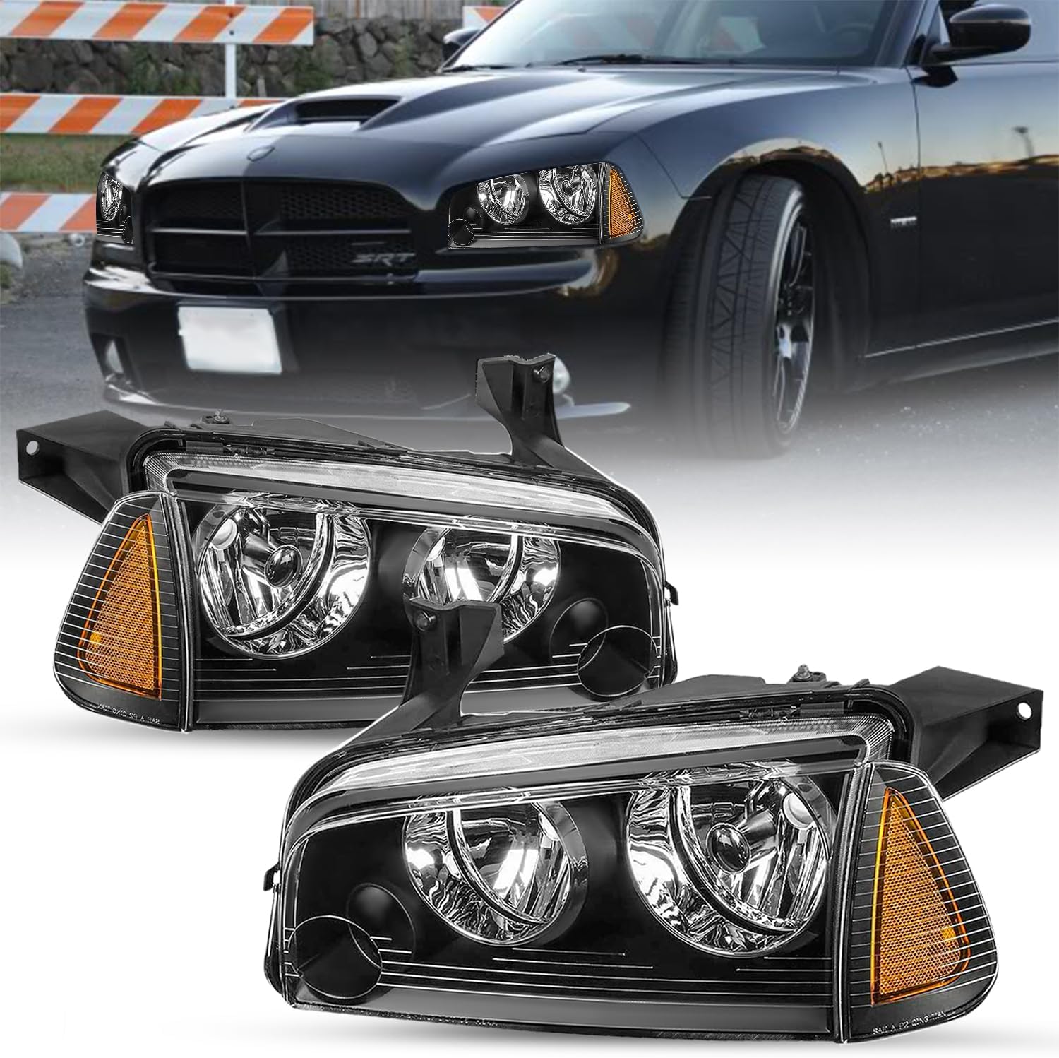 SOCKIR 4Pcs Headlight Assembly Compatible with 2006-2010 Dodge Charger Headlight with Corner Singal Light Replacement OE Halogen Headlamp Passenger and Driver Side