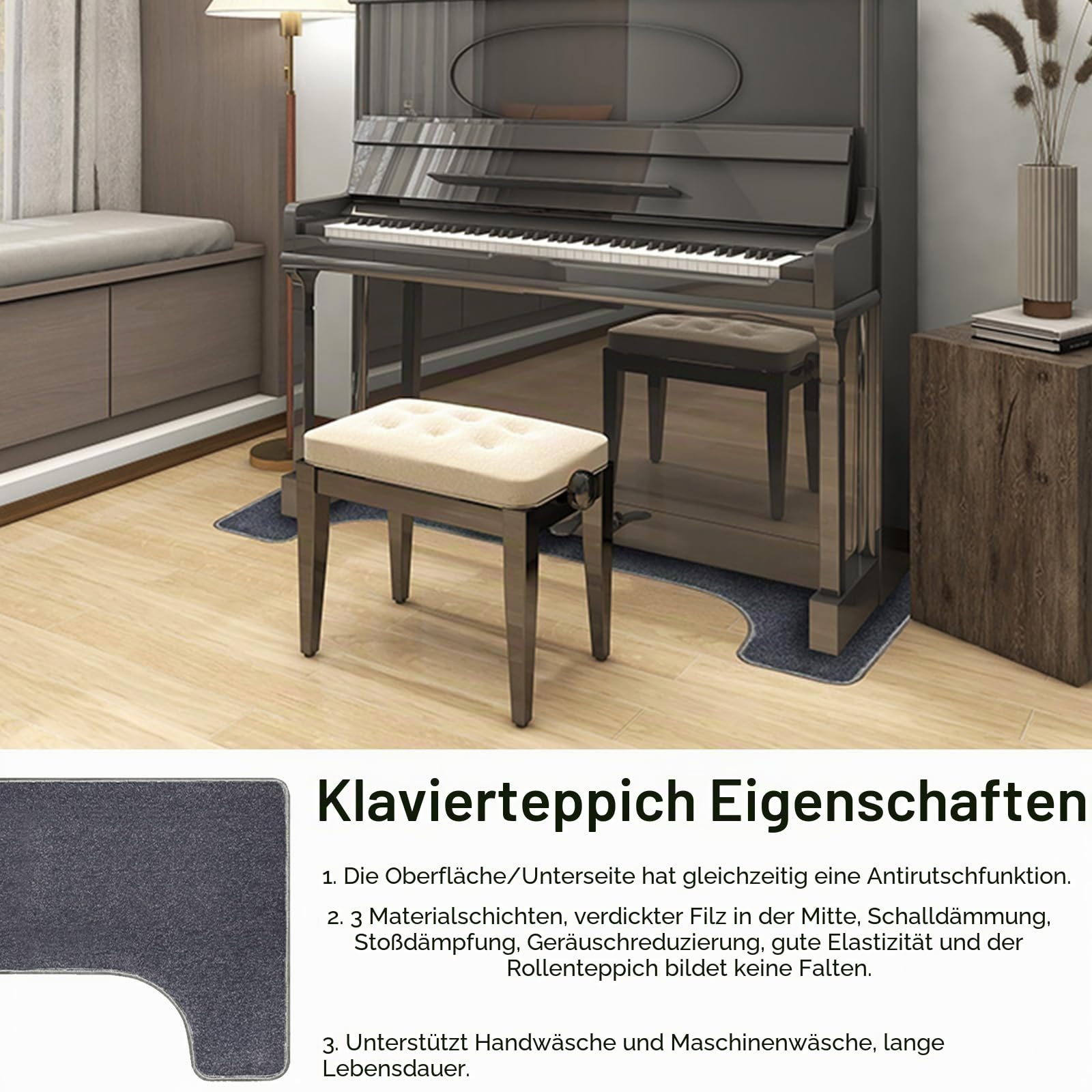 Aisny Klavierteppich, Schallschutz Teppich 160 x 70 cm Klavier Matte rutschfest Matte Klavier Teppich Klavier Bodenschutzmatte Antivibrationsmatte für Schalldämmung, Grau