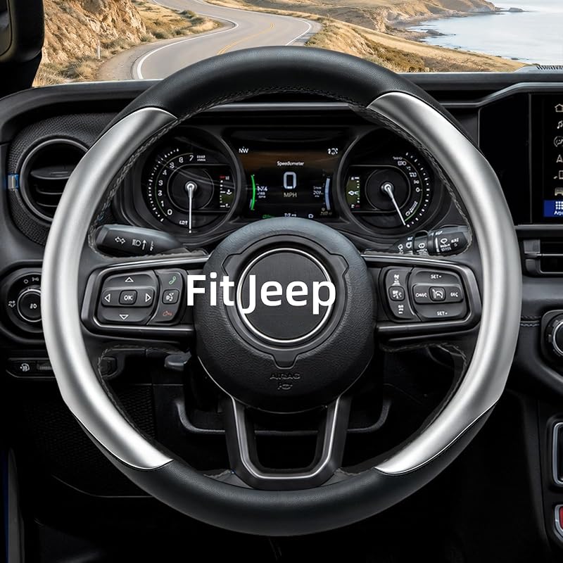 Capa para Volante Yangday em Couro para Jeep Wrangler, Grand Cherokee e Compass, Bright Silver - A, 36,8–38,1 cm