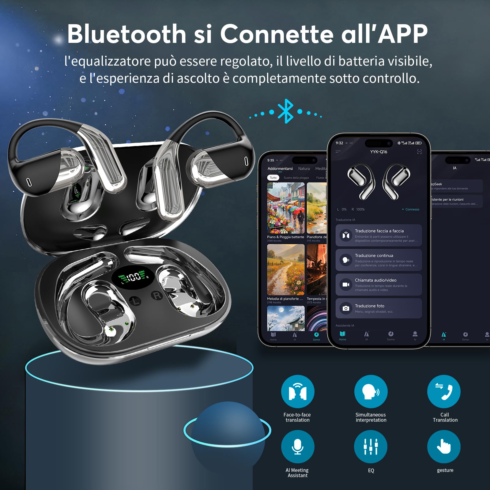 Paekole AI Cuffie Traduzione Simultanea, 2026 Auricolari Bluetooth 6.1 Wireless, 4 in1 Cuffie Traduzione Bluetooth 60 ore con ENC, 198 Lingue Auricolari Traduttori Istantanei Vocali Gratuite