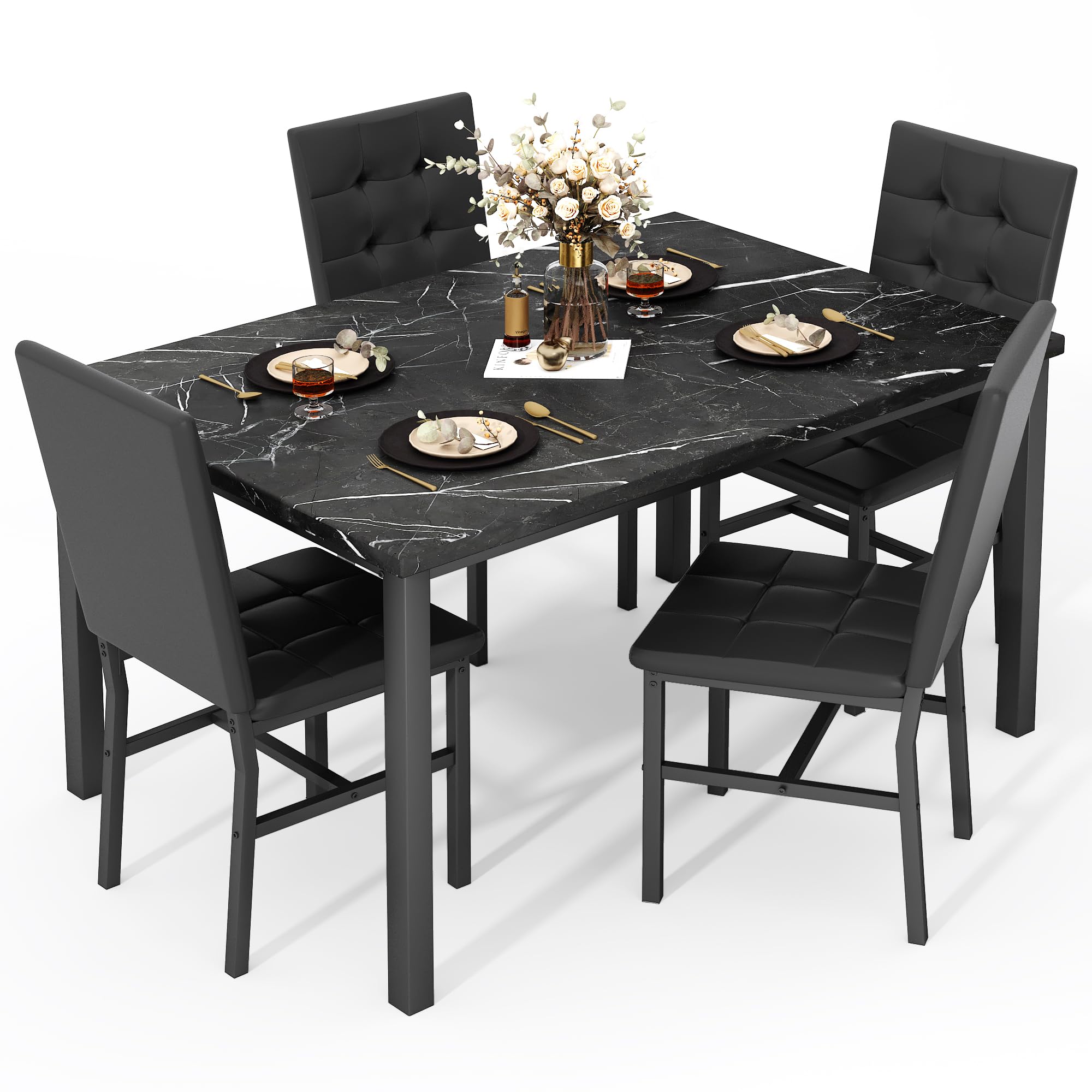AWQM Dining Table Set for 4,Faux Marble Kitchen Table and Chairs Set of 4, Modern Dining Room Table Set for 4,Dinner Table with 4 Leather Chairs,