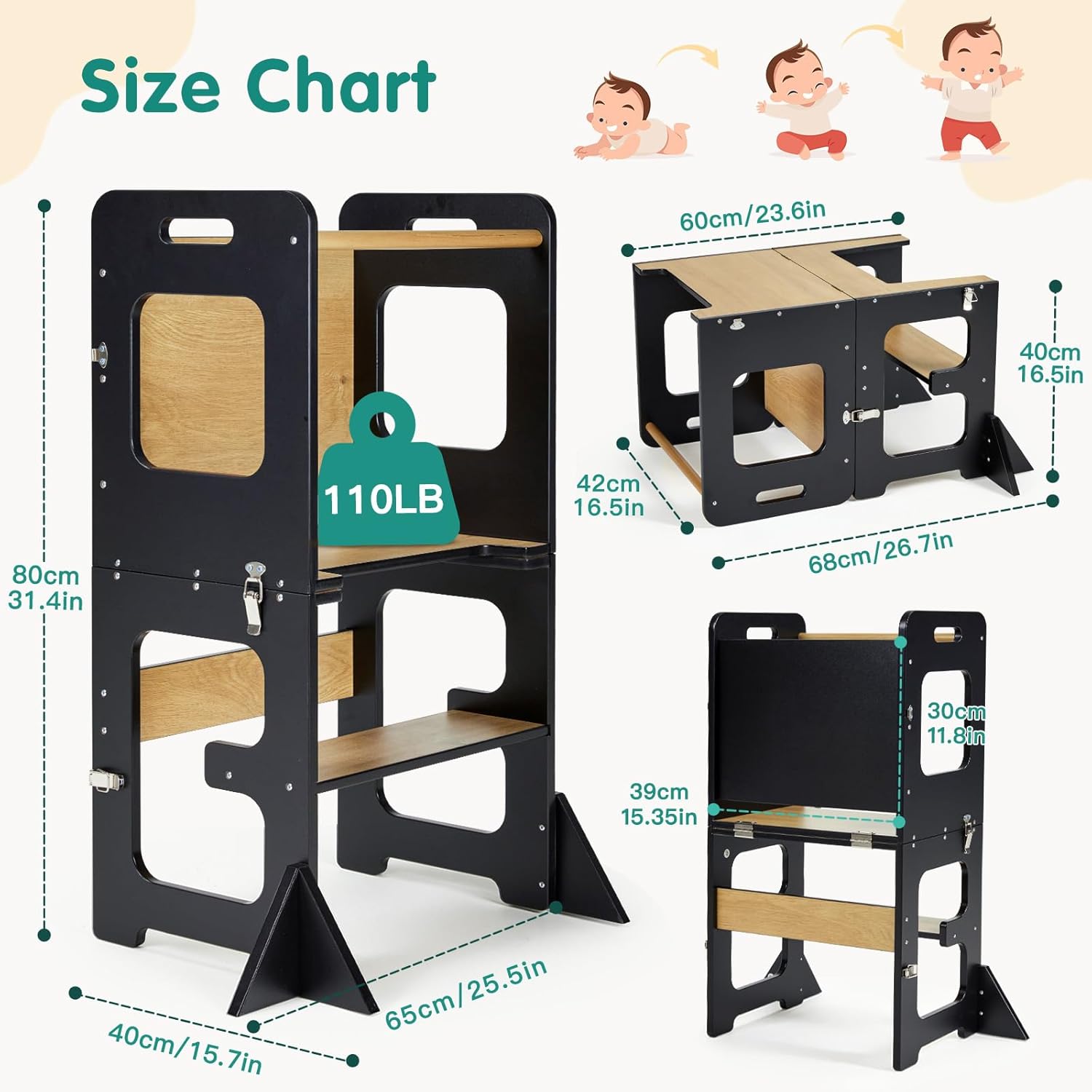 Toddler Kitchen Tower, Learning Standing Tower, 2-in-1 Kitchen Black Wooden Stool Helper with Chalkboard Montessori and Waldorf Helper for Kids in Kitchen - Image 7