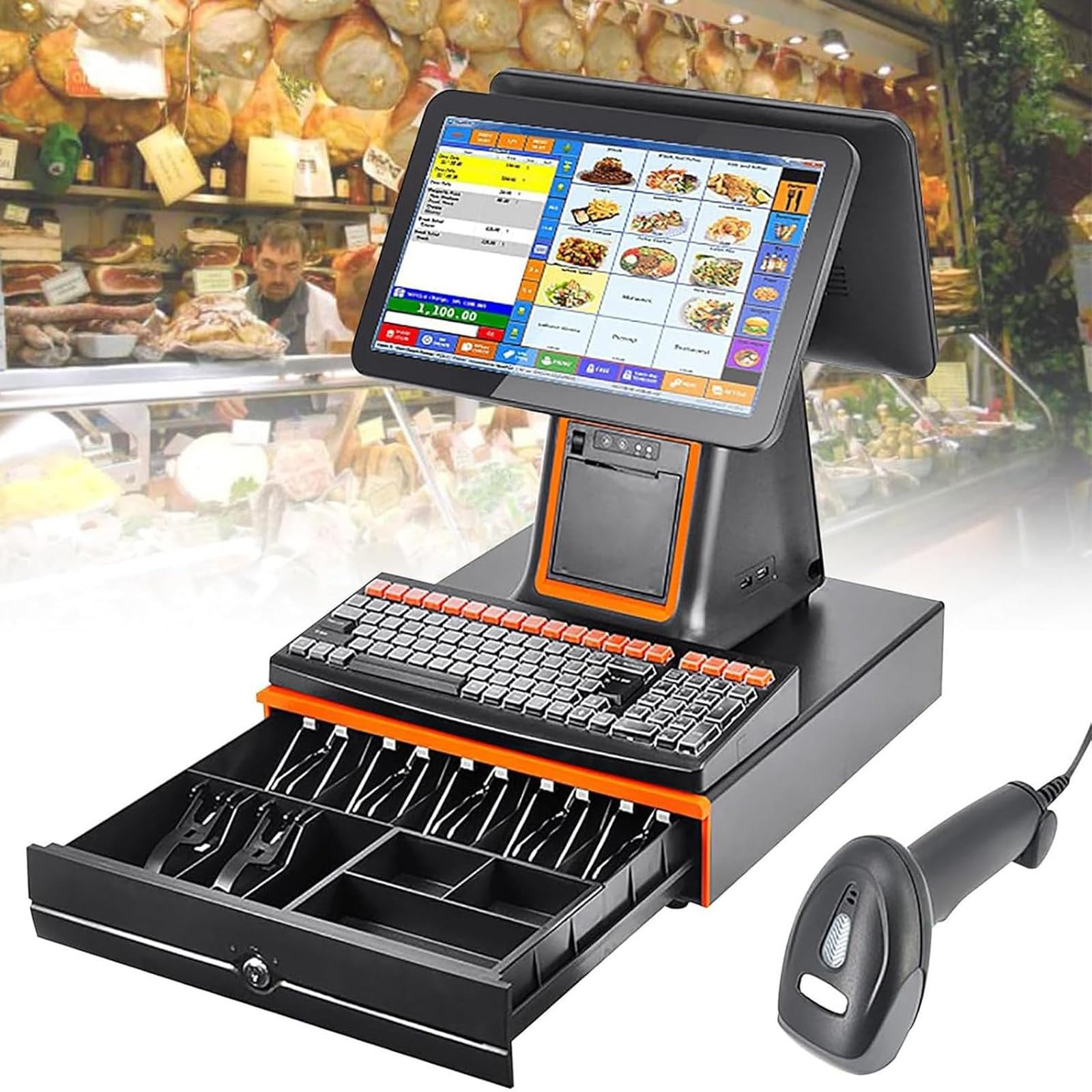 DPQYJPP All in one smart touch screen cash register pos system, barcode scanner, 58mm thermal printer, 15.6-inch dual screen, retail and restaurant pos terminal machine, 8gb ram, 128g ssd Black