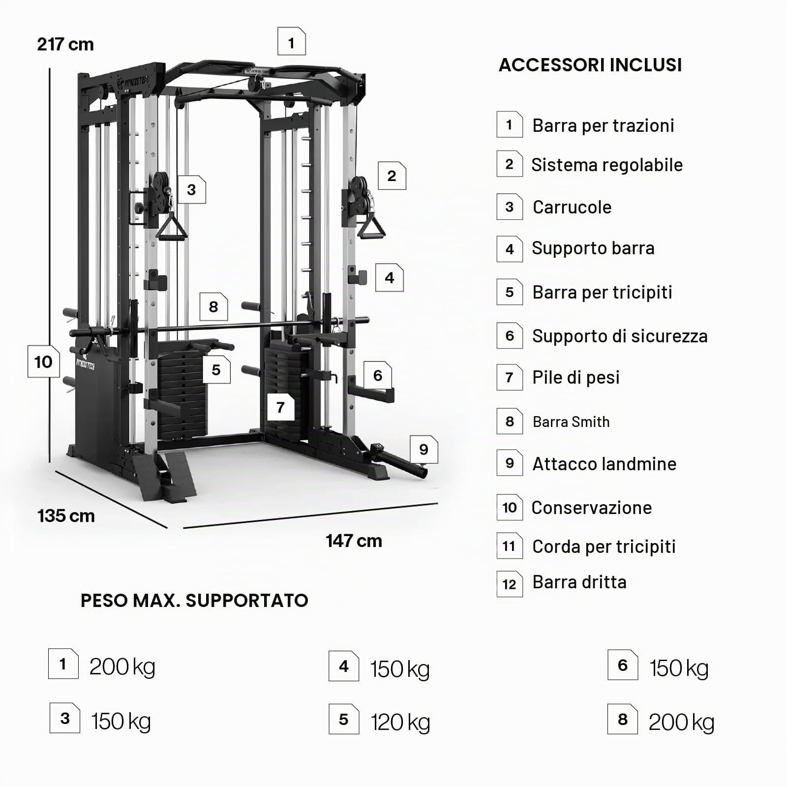 Multistazione Palestra Home Gym Smith Machine S9000 300 kg con 3 Torri Pesi | Macchina Palestra Multifunzione con Lat Machine e Pulegge