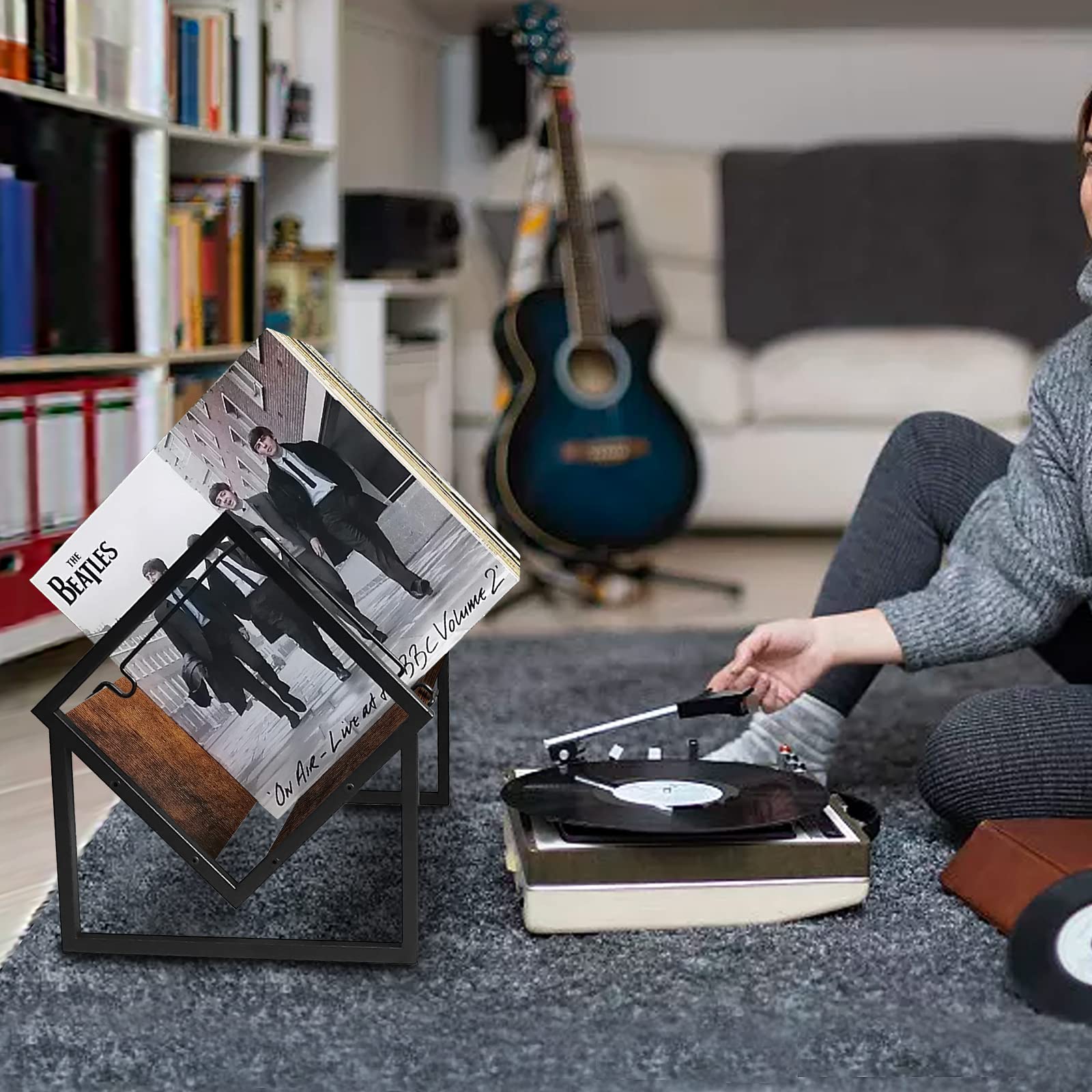 Telawsfun Album Storage for Vinyl Records, Record Album Holders for Shelf, Brown Wooden & Metal LP Record Storage Up to 80 LP,Modern Organizer Rack Magazine,Books,Files