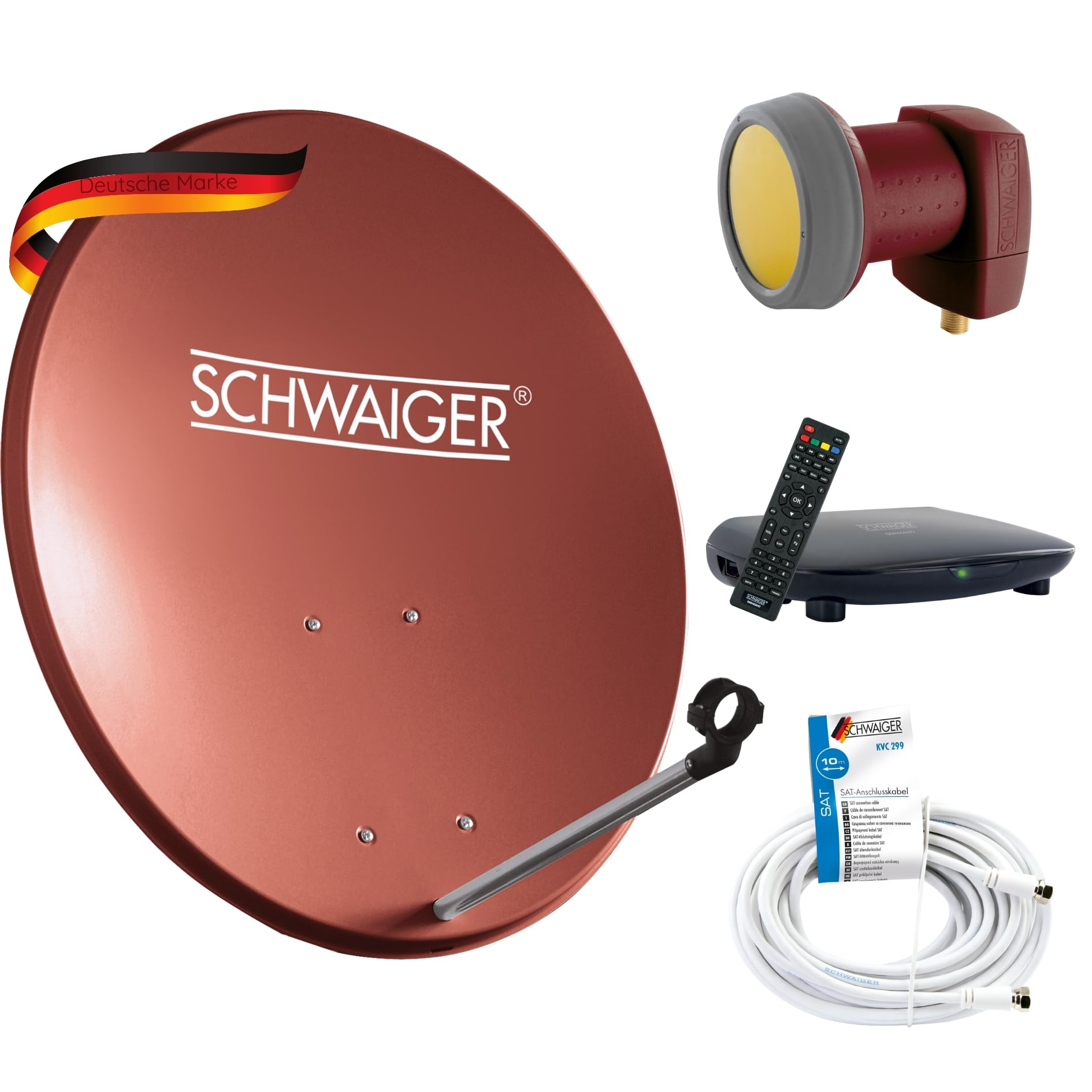 SCHWAIGER 9772 Système satellite avec antenne satellite LNB simple récepteur HD câble coaxial 10 m Antenne satellite numérique en aluminium Rouge brique 55 x 62 cm