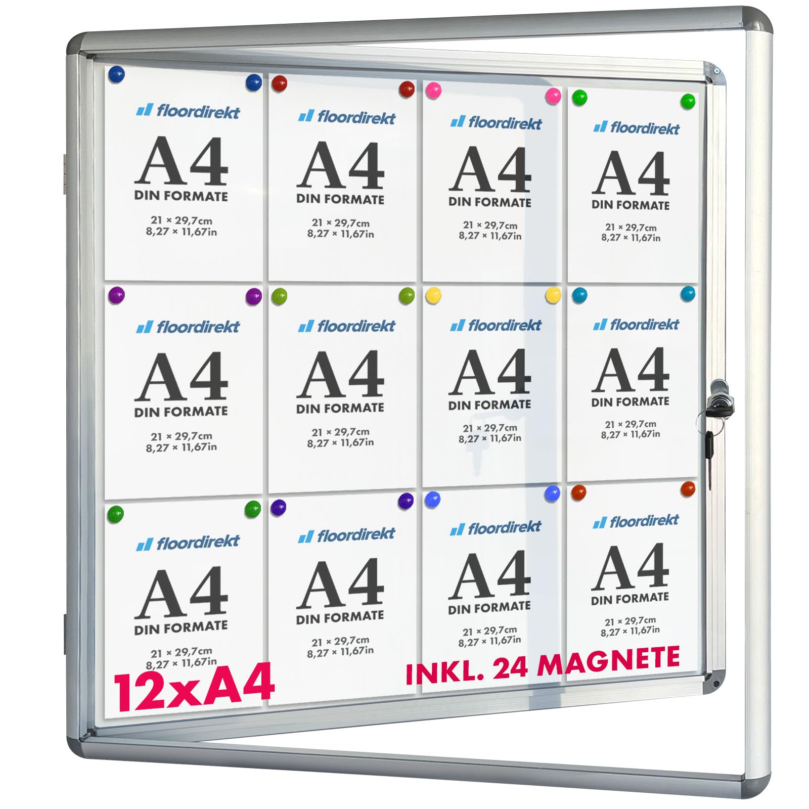 Vitrina exclusiva con material de montaje – Caja informativa – Parte posterior magnética & escribible – Puerta doble con cerradura de cilindro – Marco de aluminio (para 12 x A4)
