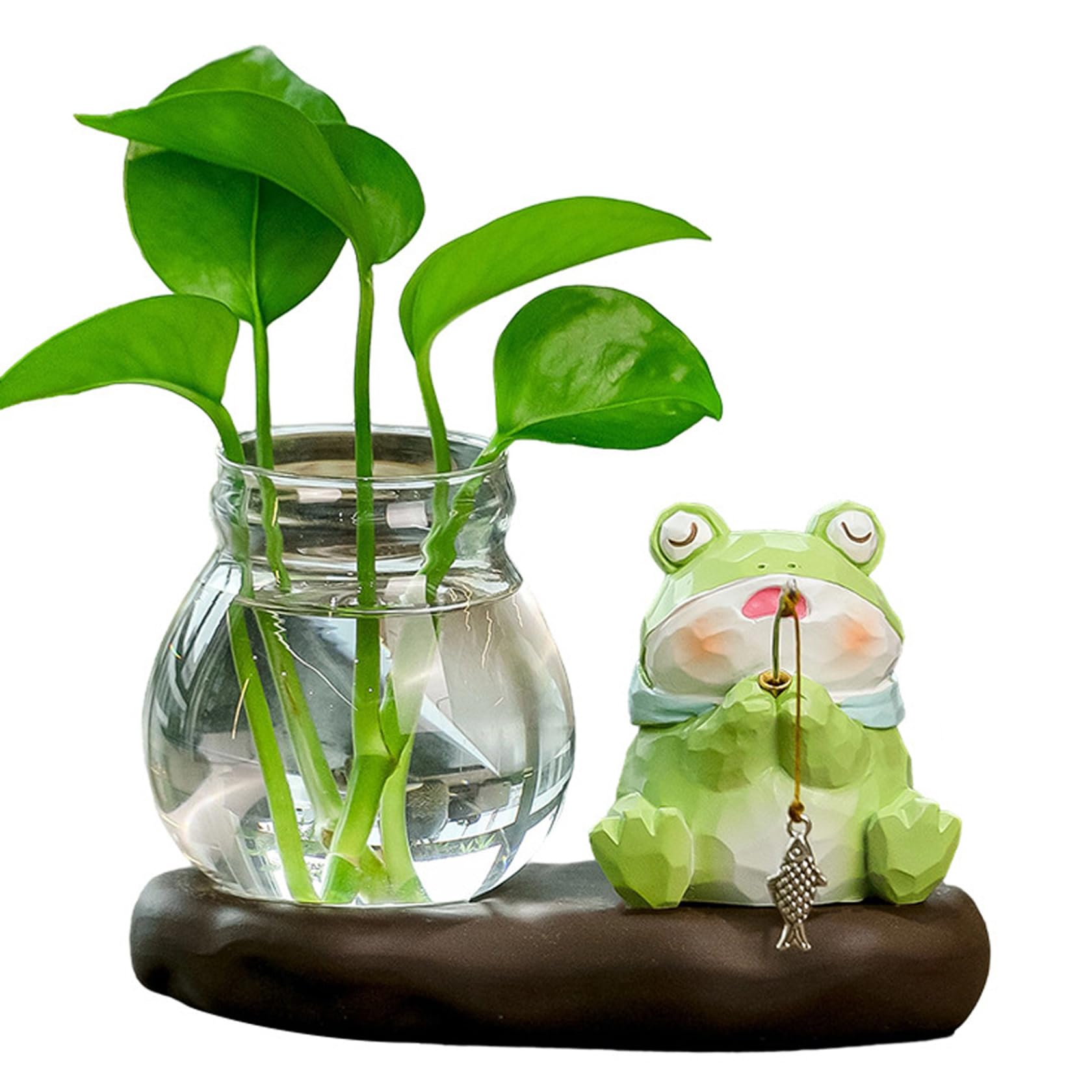 Bemonew Propagation Vases for Plants, Minimalist Plant Propagation Station with Wood Stand, Hydroponic Planter for Desk, Office Decor & Plant Cuttings, Frog
