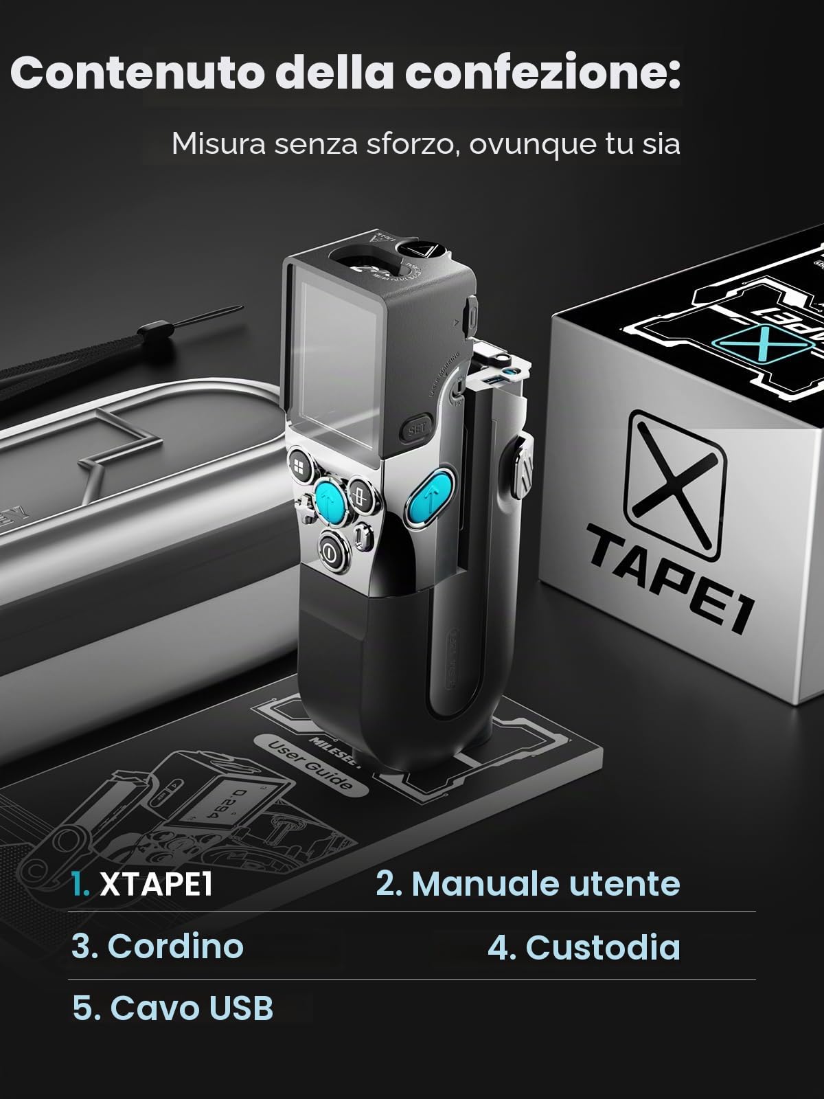 MiLESEEY XTape1 Misuratore laser con Metro Digitale, 100m + 3.6m | Laser Verde di Allineamento, Display Digitale in Tempo Reale, Misura Pitagora, Distanza, Area e Volume, Sync APP