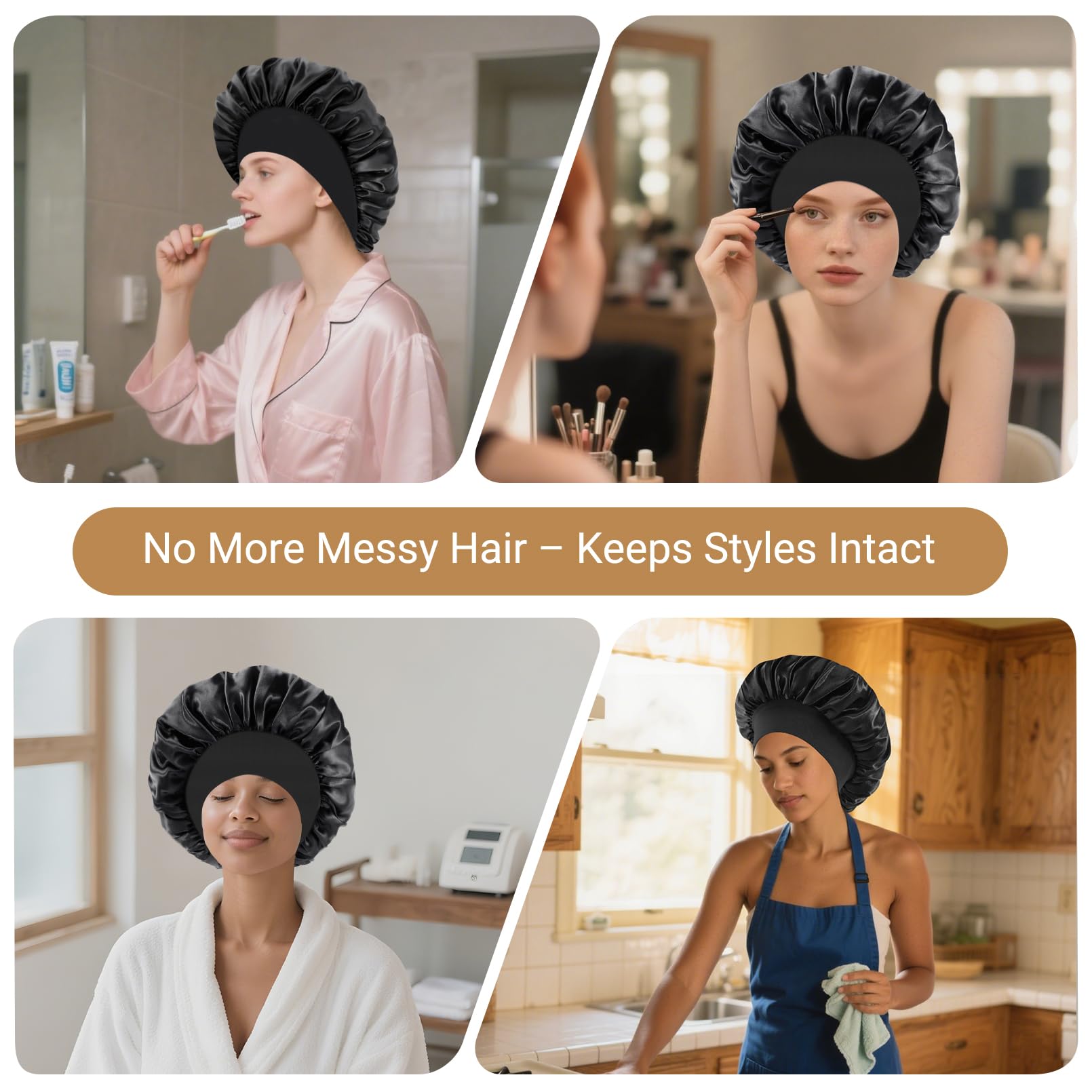12 cuffie in raso per dormire, con fascia elastica larga, per donne, trecce, capelli ricci, nero