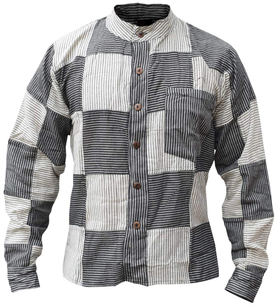 Gheri Men's Grey Black Stripe Pin Striped Cotton Grandad Button Down Summer Shirts Grey Black Medium