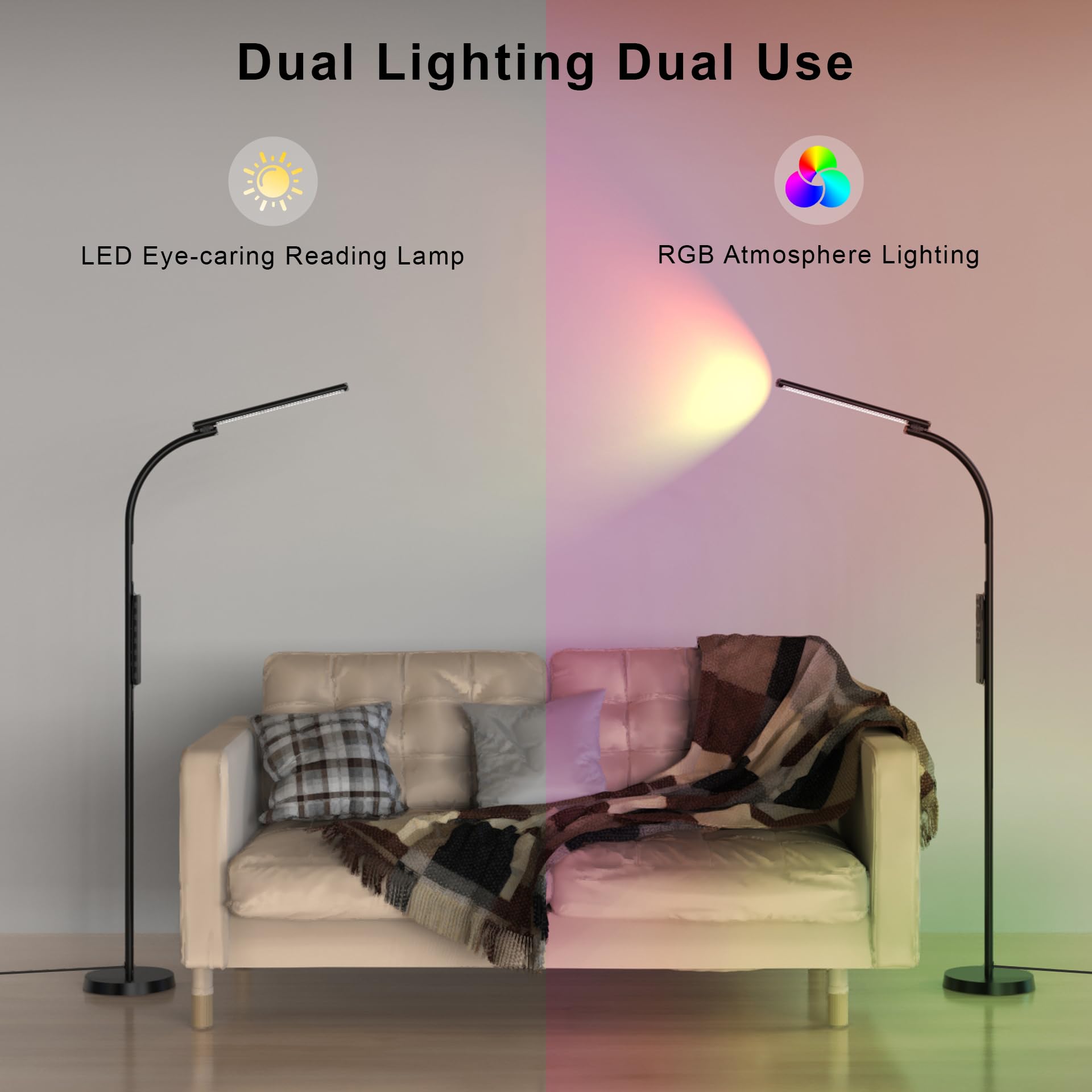 Lampadaire LED Dimmable 12W – Télécommande + Tactile, 3 Températures, RGB Ambiance, Col De Cygne Flexible, Noir
