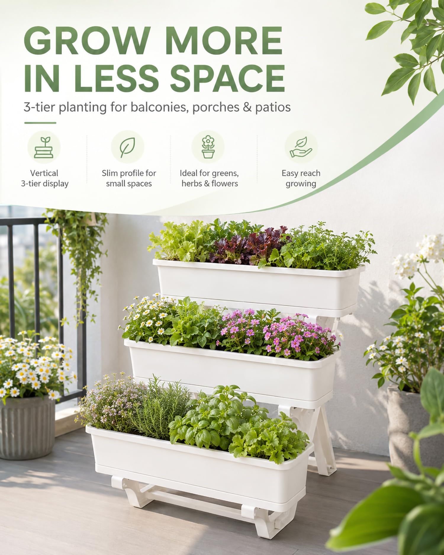 Jardinera Elevada De PP con 3 Niveles, 56 Orificios De Drenaje Y Perfil Estrecho, Mesa De Cultivo para Balcón, Huerto Urbano para Verduras, Flores Y Plantas,Blanca,72 * 58 * 75cm