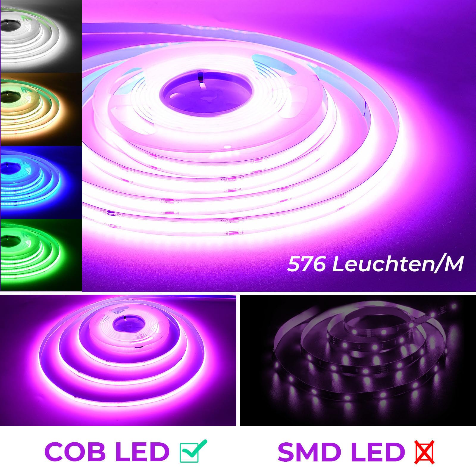 10M COB LED Streifen Alexa Kompatibel, Punktfreie Smart RGB LED Band Musik Sync, WiFi LED Lichterkette für Gaming & Wohnzimmer, 576 LEDs/M, 16 Mio. Farben, Arbeitet mit Google Home