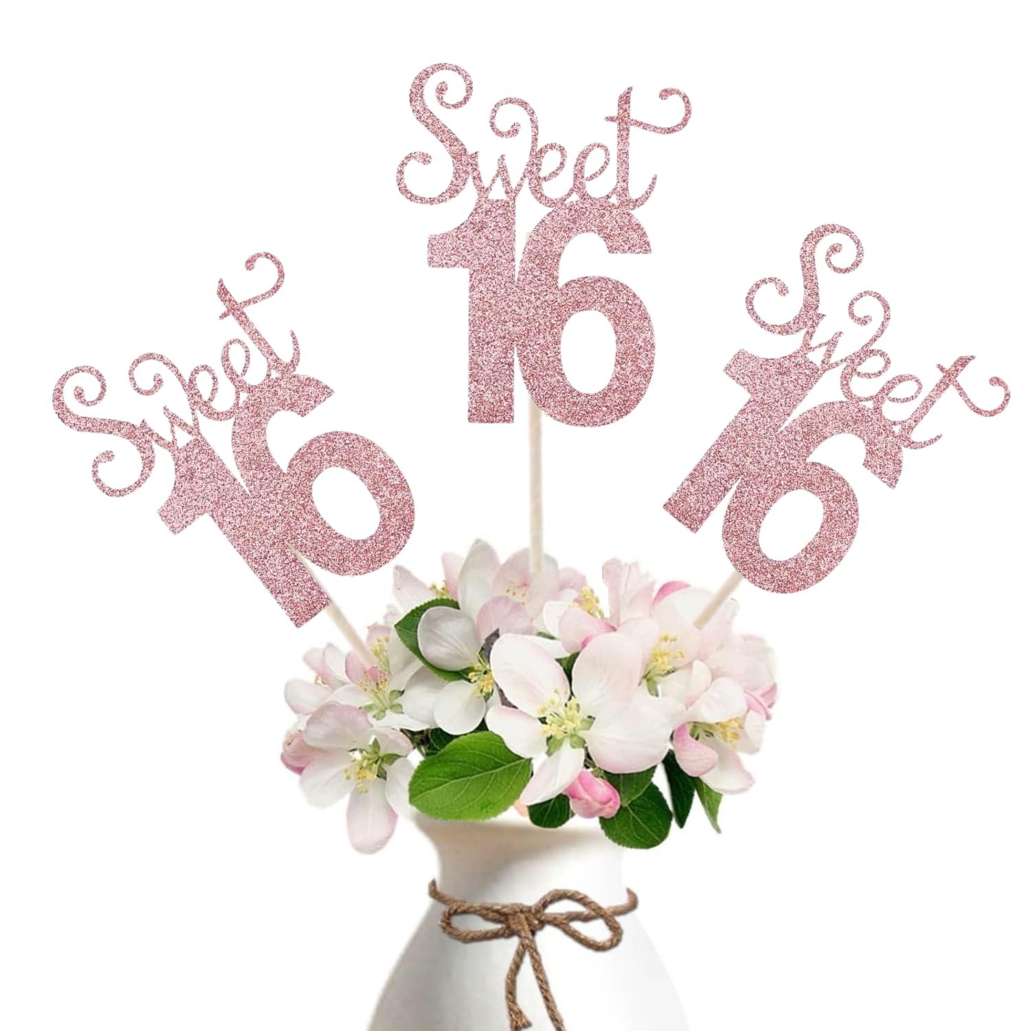 ALISSAR 10-Pack Glitter Rose Gold Sweet 16 Birthday Centerpiece Sticks, Sweet 16 Table Cake Topper Decoration Age Letter Decorations