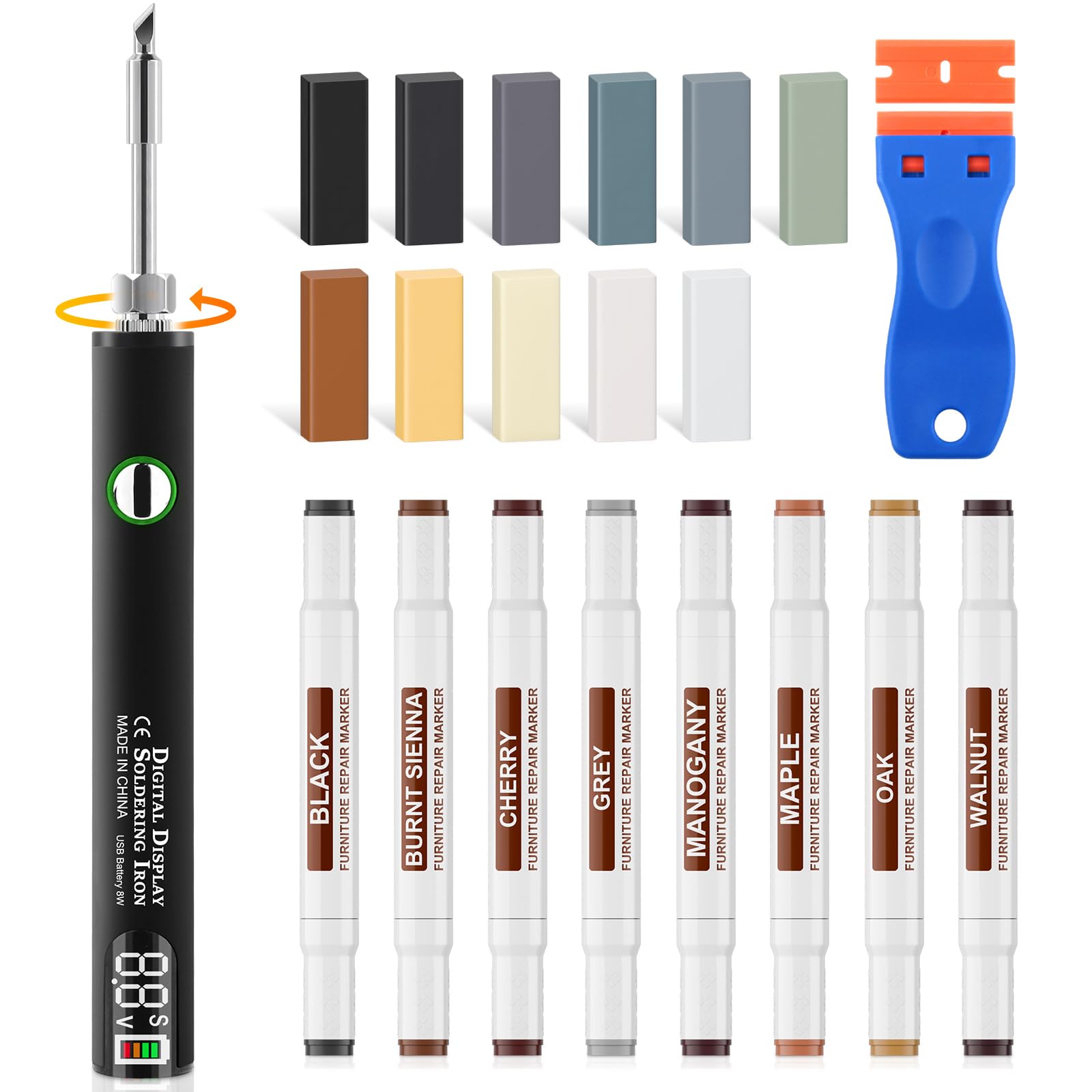 Vinyl Floor Repair Kit with Upgrade USB Heating Pen 11 Grey Wax Colours 8 Dual Tip Markers-Wood Putty for Scratches, Cracks, Holes, Dents – Works on Laminate, Parquet, Wood, LVT Floors & Furniture