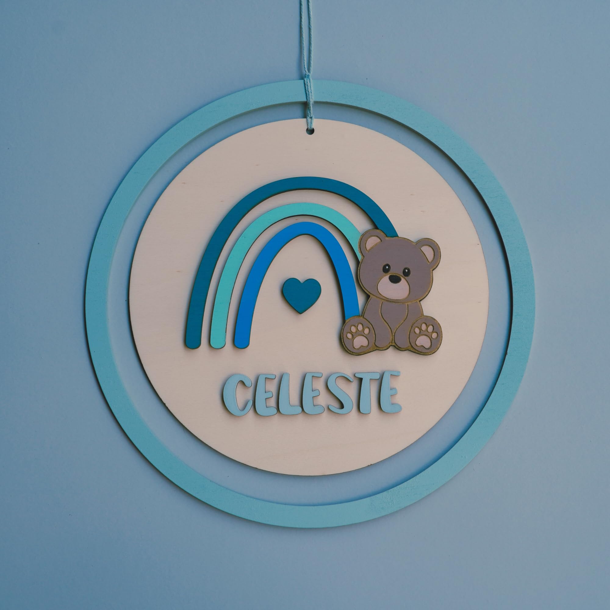 Decorazione Personalizzata da Parete per Bambini, Orsetto con Arcobaleno, Targa in Legno per Cameretta, Regalo Nascita e Battesimo, Fiocco nascita fatto a Mano