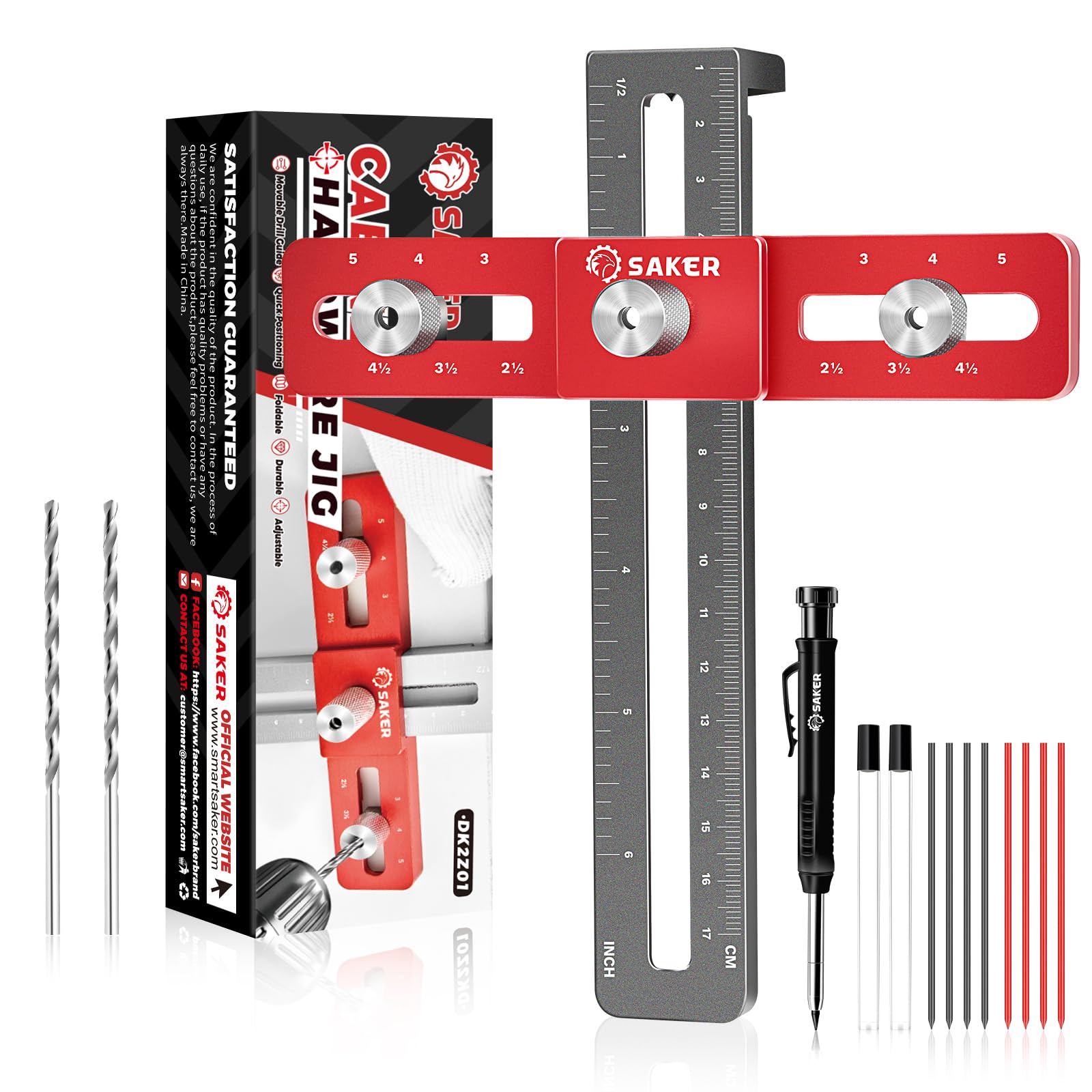 Saker Cabinet Hardware Doweling Jig with Deep Hole Pencil,Adjustable Cabinet Template Tool for Knobs,Handles and Pulls,Self Centering Punch Locator Precise Woodworking Drill Guide
