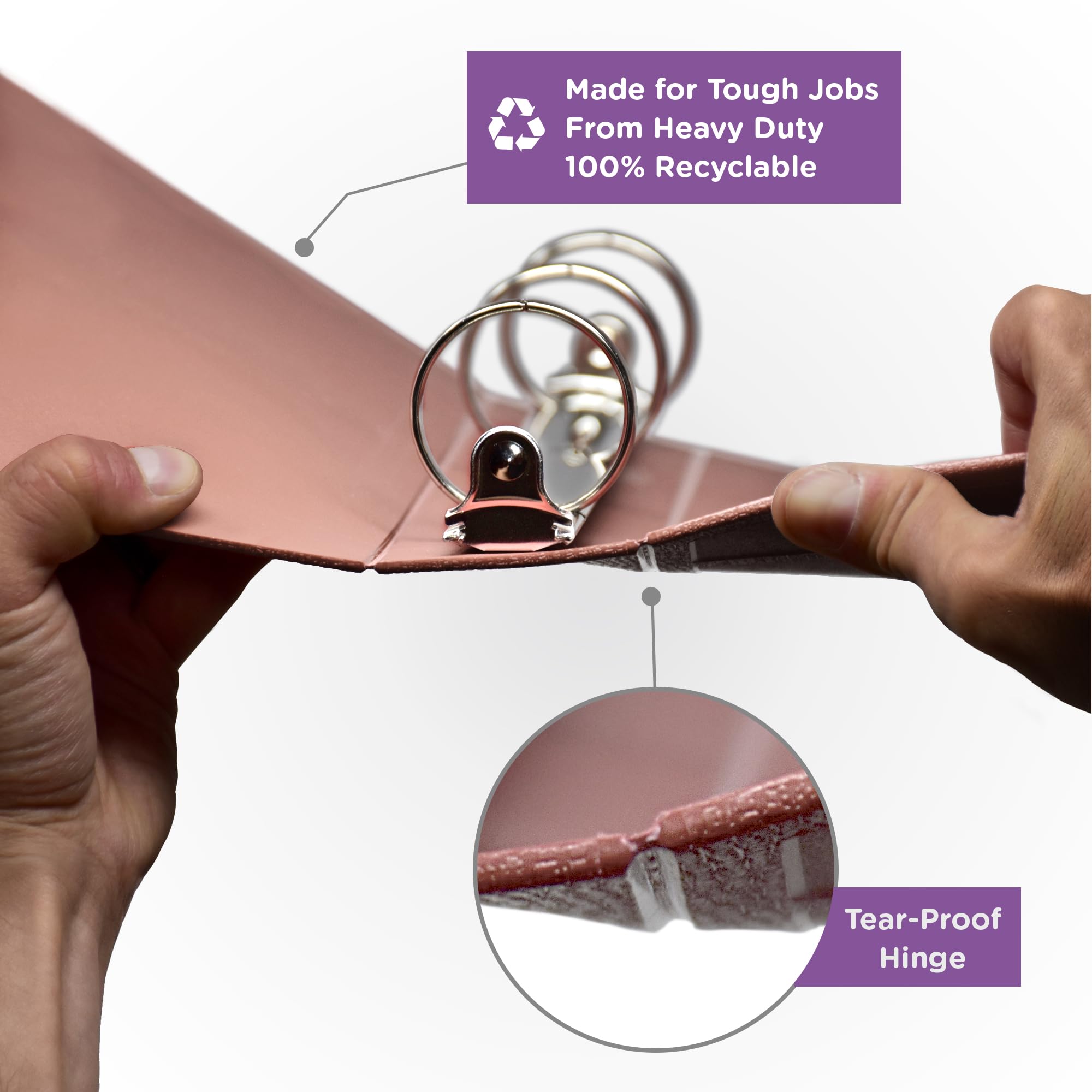 Carstens Raccoglitore a 3 anelli resistente da 7,6 cm, apertura laterale, rosa polveroso, plastica resistente, anelli di precisione senza spazi vuoti, copertura impermeabile, senza tasche, contiene