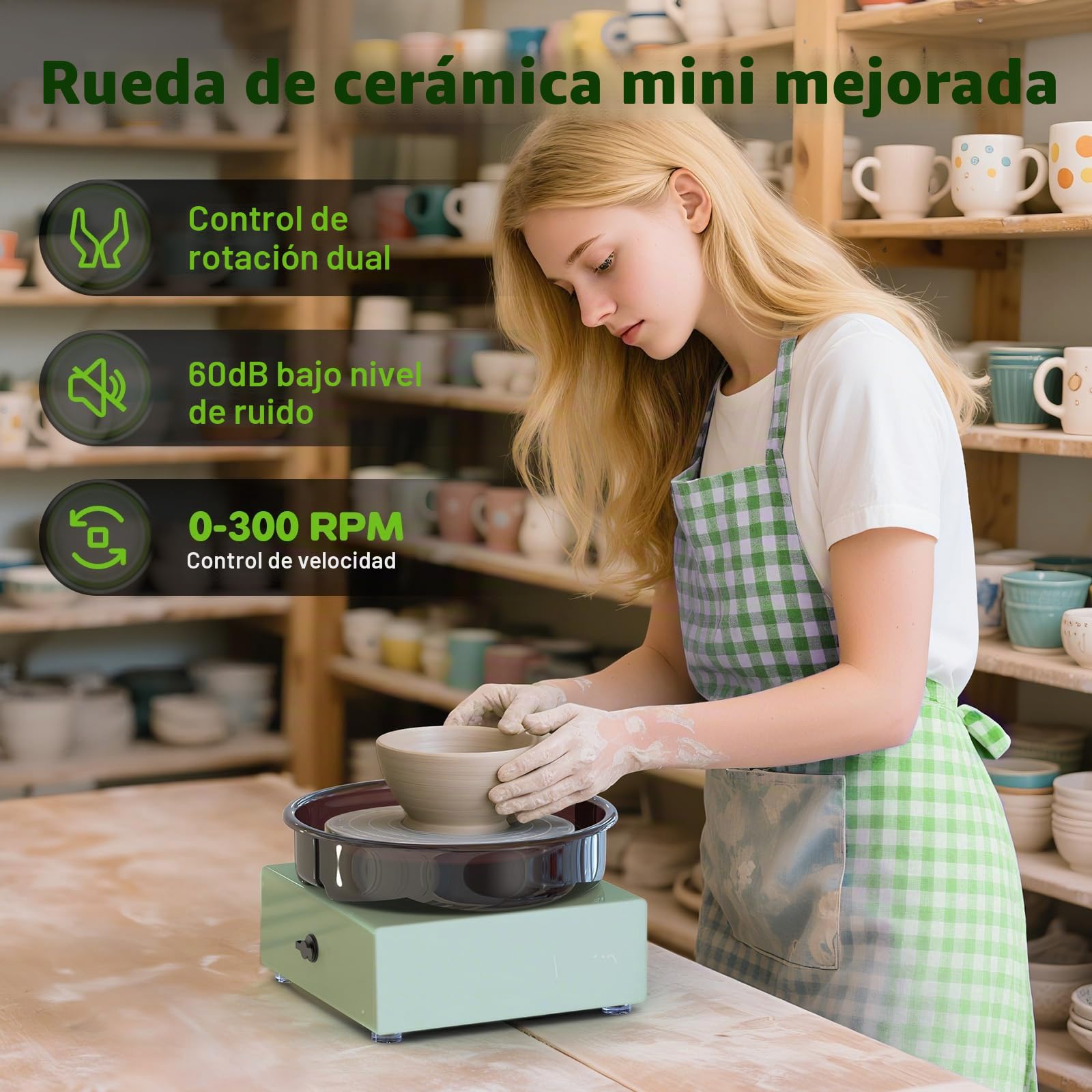Kit de Torno de Cerámica Mini – Plataforma de 6" con Rotación en Dos Sentidos, Rueda de Arcilla, Estructura Metálica y Bandeja Extraíble, Incluye 18 Herramientas de Escultura para Principiante