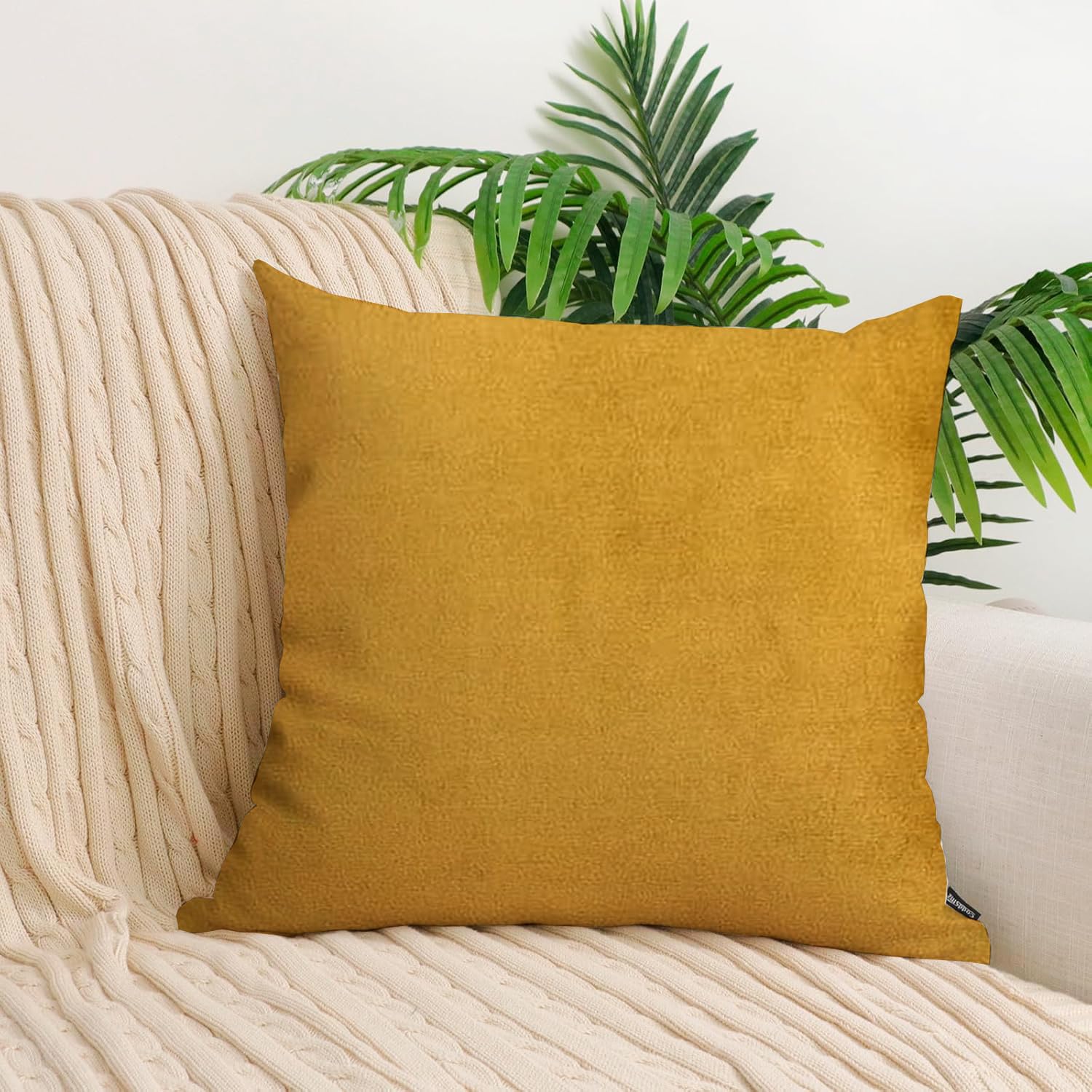 IVAZA Velvet Decorative Cushion Cover 12x12 Inch - Set of 1, Soft Solid Square Throw Pillow Covers for Sofa, Living Room or Home Decor - 30x30 cm Mustard Yellow-image-1