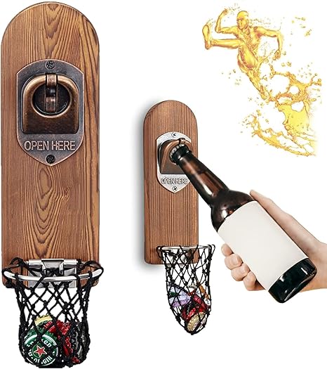 Beer Bottle Opener Wall Mounted with Magnetic Cap Catcher,Wooden Magnetic
