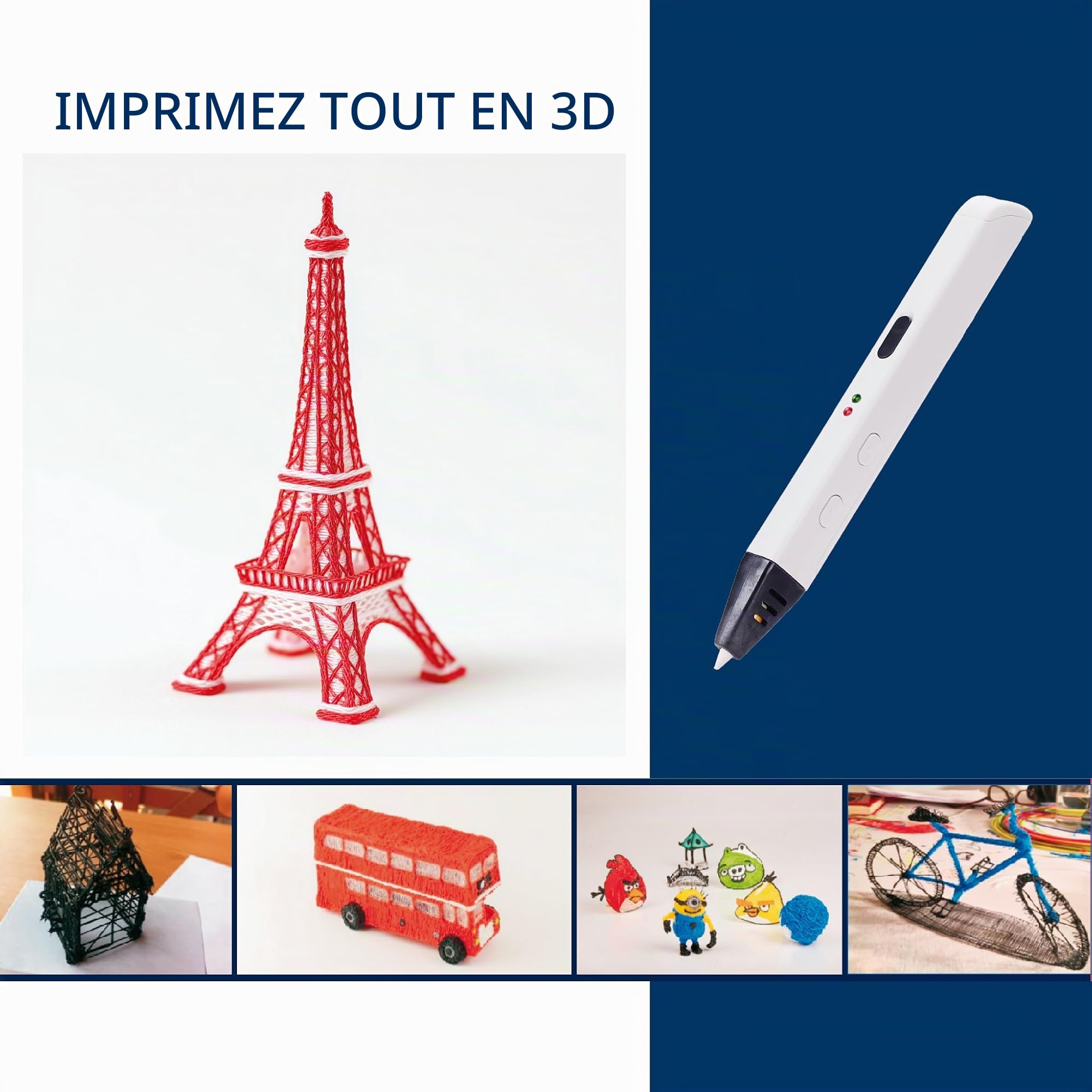 Stylo 3D avec 10 filaments PLA colorés (30 m) - Stylo d'impression 3D avec contrôle précis, adaptateur EU, outil de réglage, cadeau créatif pour adultes et enfants +8