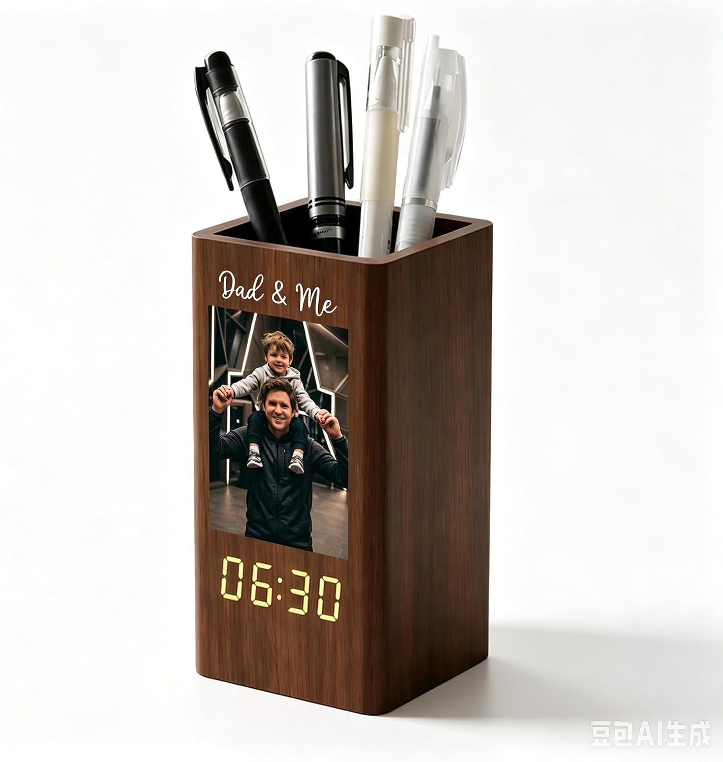 DoyoBest Personalized Dad & Me Photo Wooden Pen Holder with LED Digital Clock, Custom Picture Desk Organizer, Father’s Day Birthday Gift for Dad Grandpa Husband (Color 1)