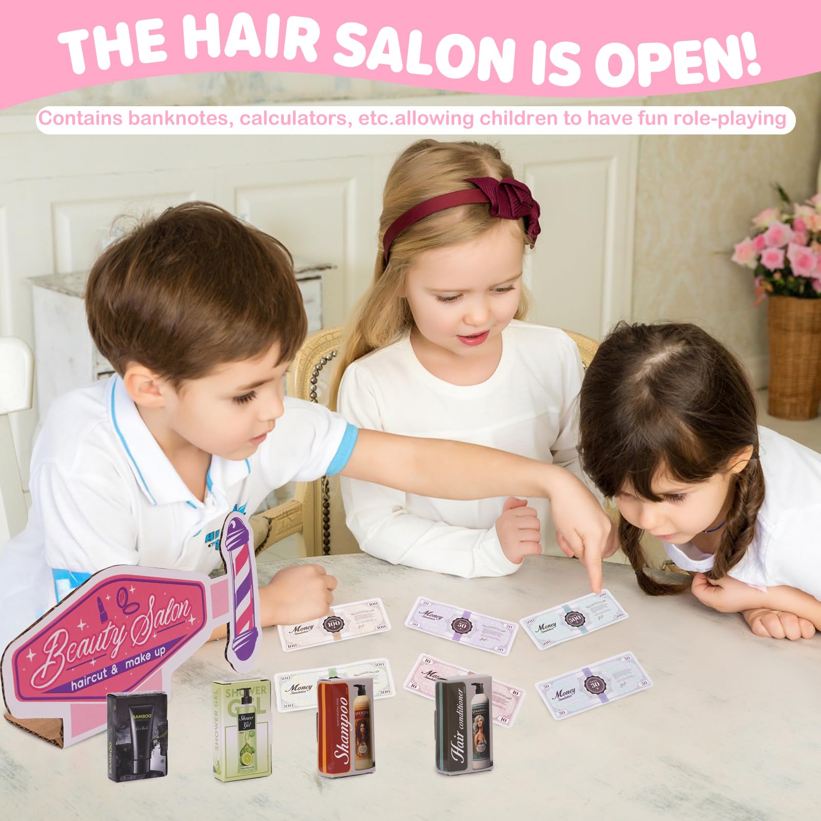Rosa Friseur Set Kinder,Make-up-Spielzeug,Schminkkasten Mädchen, Friseurzubehör, inklusive Föhn, Glätteisen, Kamm und Zubehör, Rollenspiel,Kinder-Schminkkasten,Geschenke für Mädchen im Alter von 3+