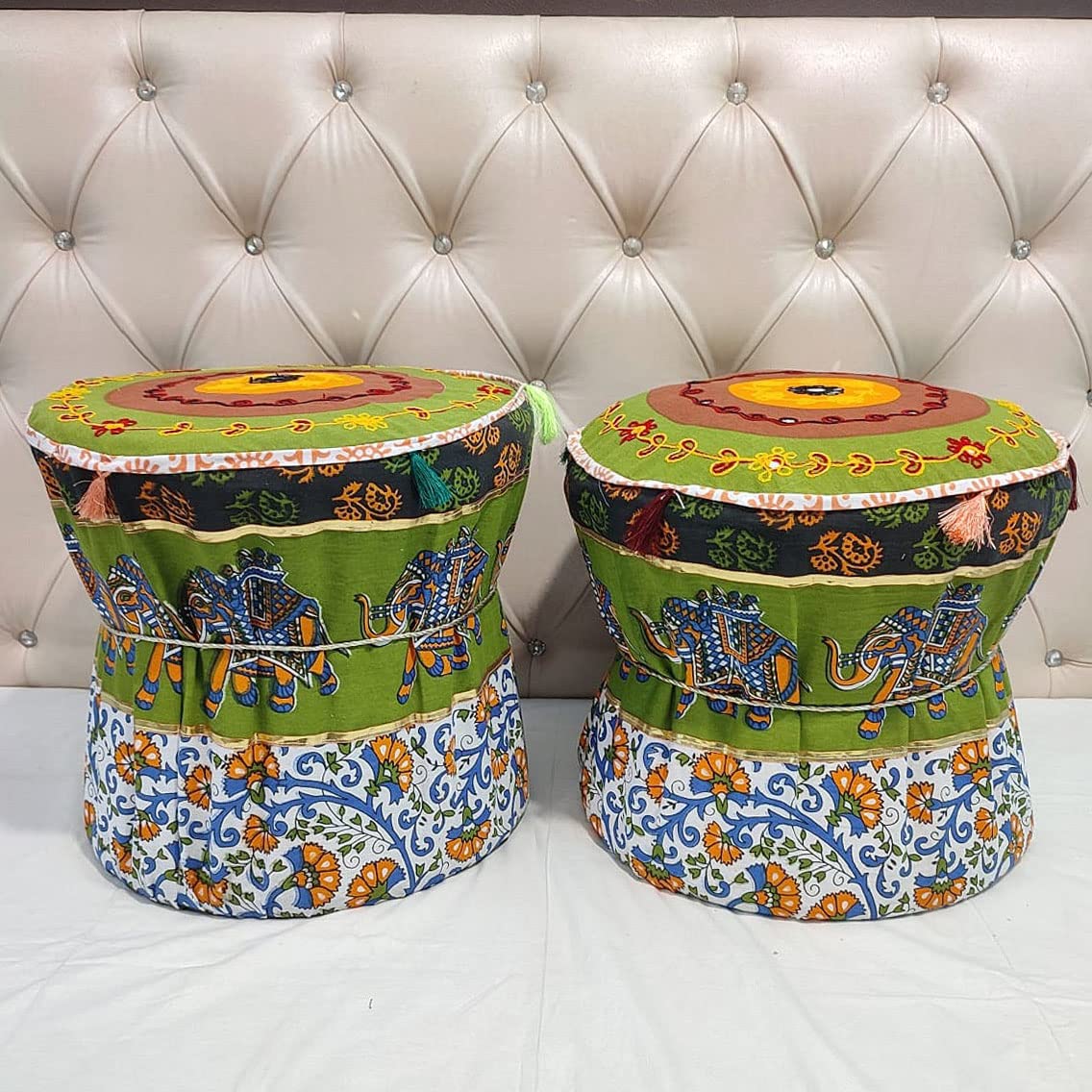 POSHMANDALA Style White Background with Green and Yellow Color Flower Leaf Design Pouf Mudda Cover Size 18X17 Inch (Cover Only)-picture-10