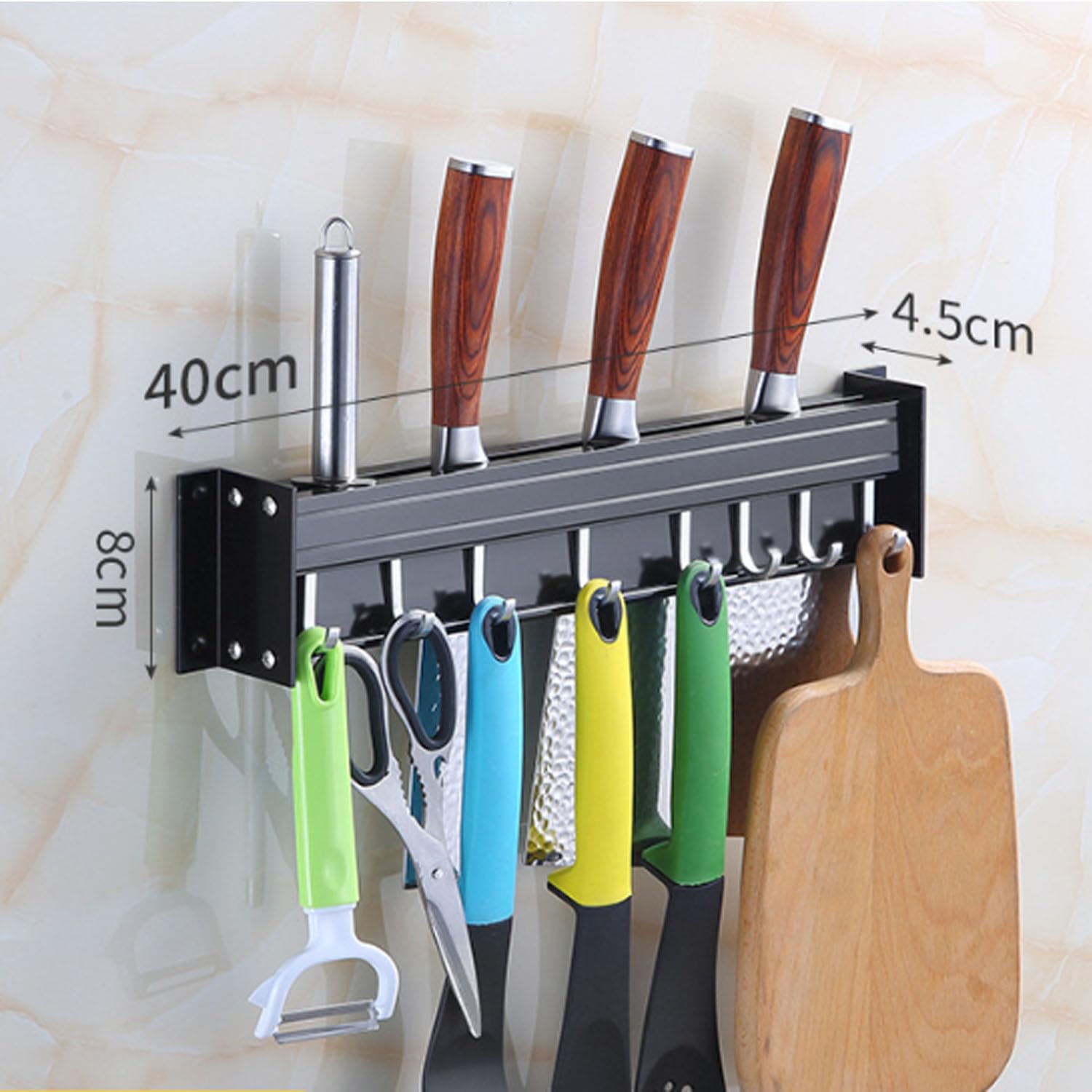 JCAKES Kitchen Soporte Utensilios Cocina 40 cm,Colgador Utensilios de Aluminio con 8 Ganchos Móviles,Soporte de cocina,Gancho de cocina, Sostenedor de Utensilios Cocina para Cocina/baño (Negro)