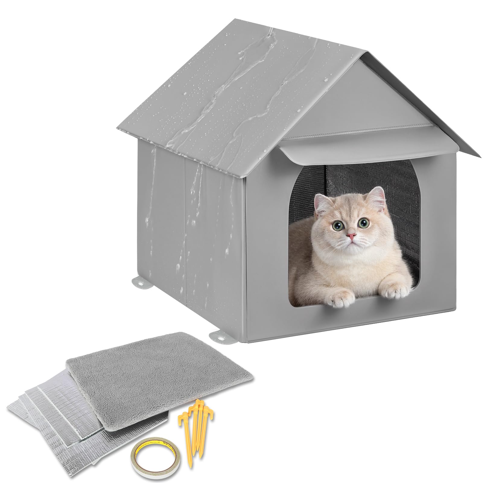 Sturdy Outdoor Cat Cave Bonus 4 Insulation Sheet, 100% Weatherproof, Insulated Feral Cat House with Eaves/Removable Soft Mat, Safe Outside Feral Cat House Shelter for WinterοΌLοΌGreyοΌ