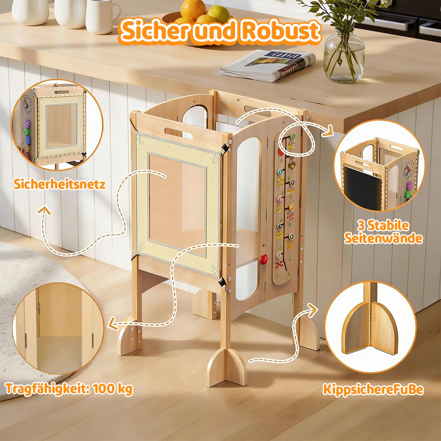 Pieghevole Torre di Apprendimento, Torre Montessori per bambini con Lavagna, Tabellone dei Giocattoli, 100% Betulla Naturale, 360° Rete di Sicurezza, Protezione Antiribaltamento, Assemblato