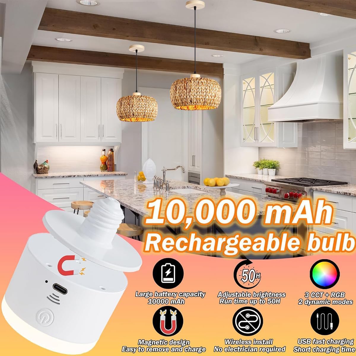 KZT E27 Hängelampe mit Batterie Glühbirnen Vintage Boho Rattan Lampe RGB Pendelleuchte Dimmbar mit Fernbedienung Hängeleuchte Natürlich Bambus und Holz Retro Pendellampe für Schlafzimmer Esszimmer